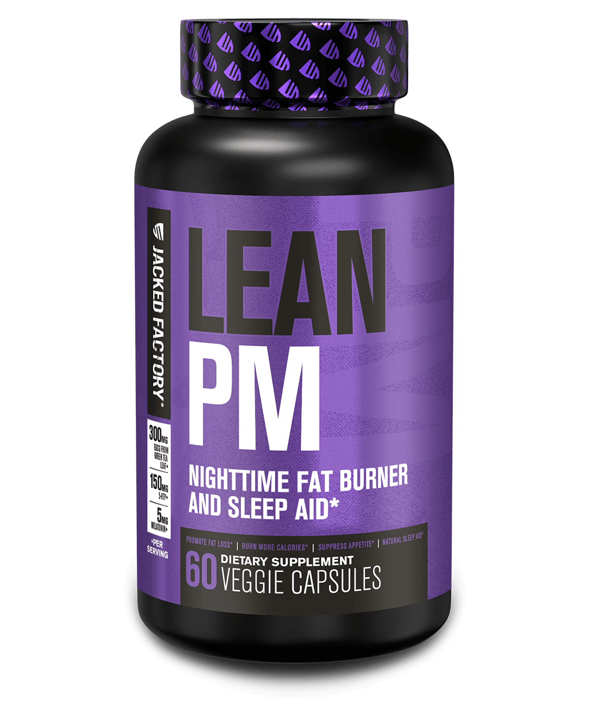 Jacked Factory's LEAN PM Night Time Fat Burner & Sleep Aid (60 veggie capsules) in a black bottle with purple label