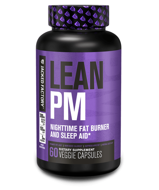 Jacked Factory's LEAN PM Night Time Fat Burner & Sleep Aid (60 veggie capsules) in a black bottle with purple label