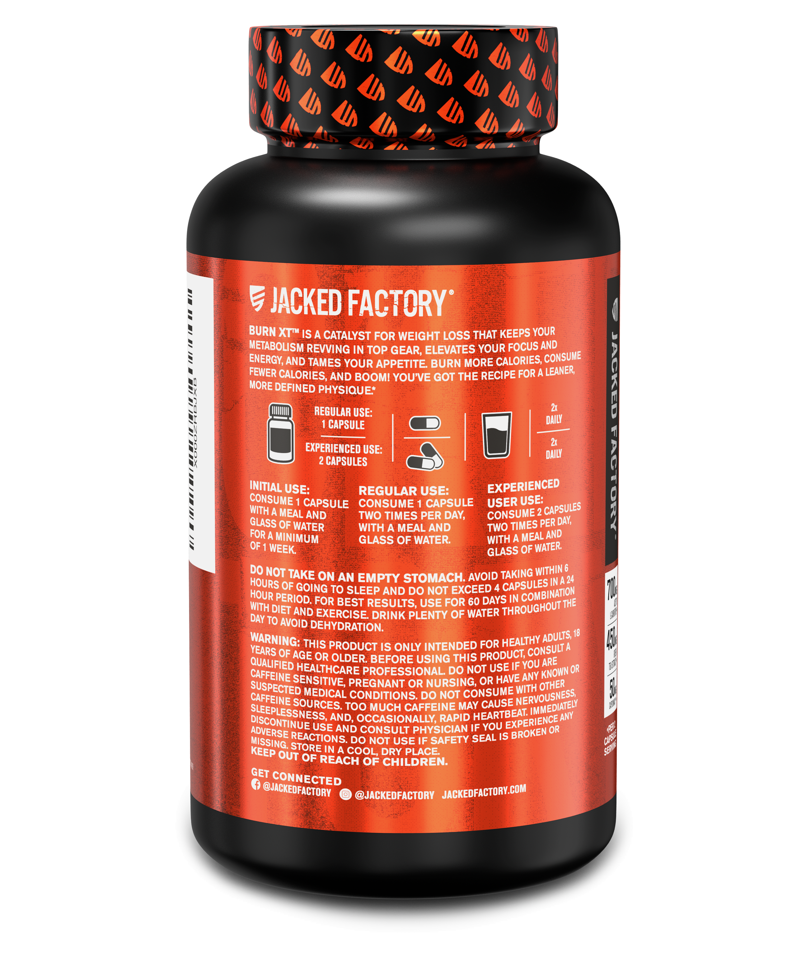 Side of Jacked Factorys Burn-Xt 60 veggie capsules in a black bottle with metallic orange label showing product description