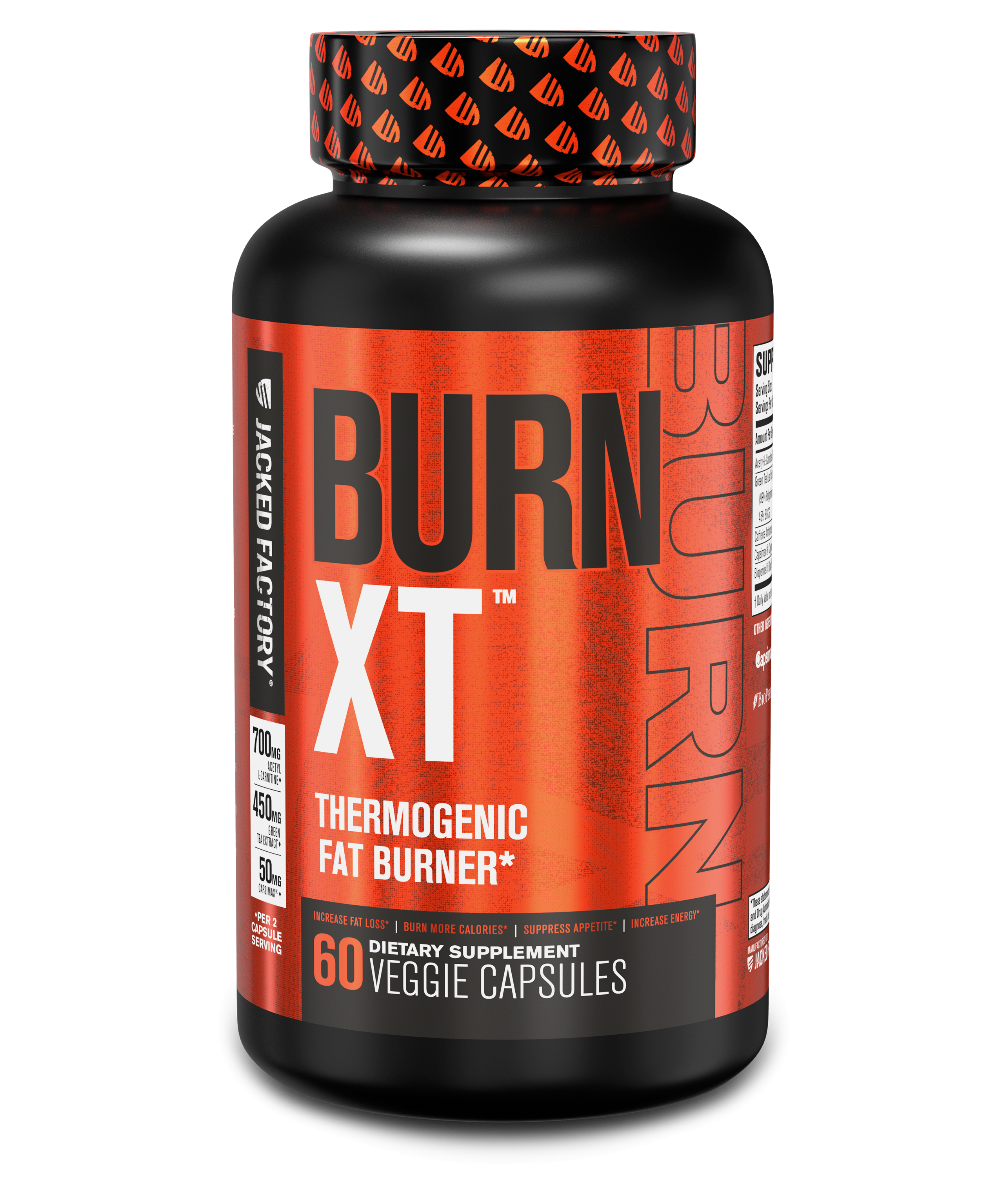 Jacked Factorys Burn-Xt 60 veggie capsules in a black bottle with metallic orange label