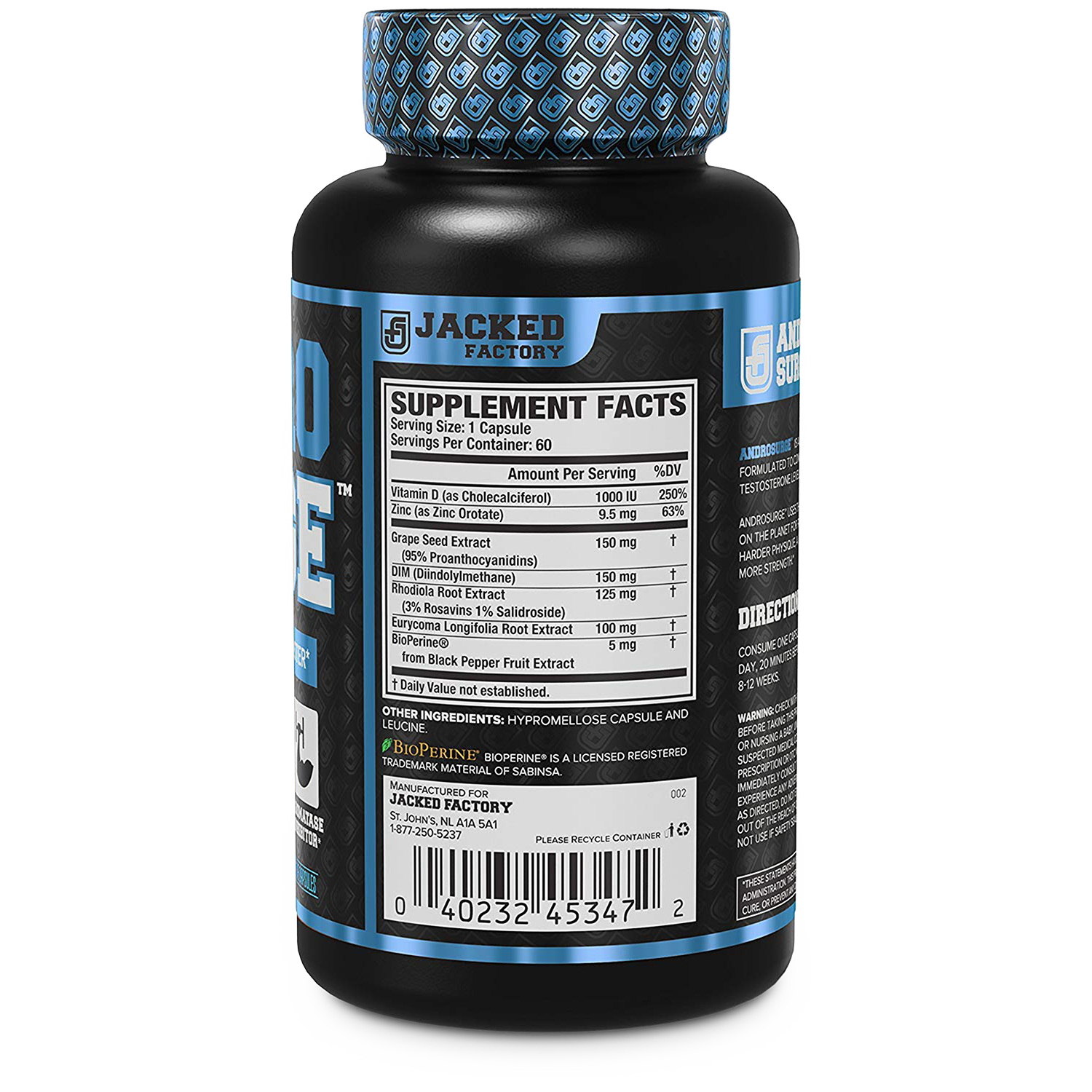 Side of Jacked Factory's Androsurge Estrogen blocker supplement, 60 capsules in a black bottle with blue labelling showing nutritional information