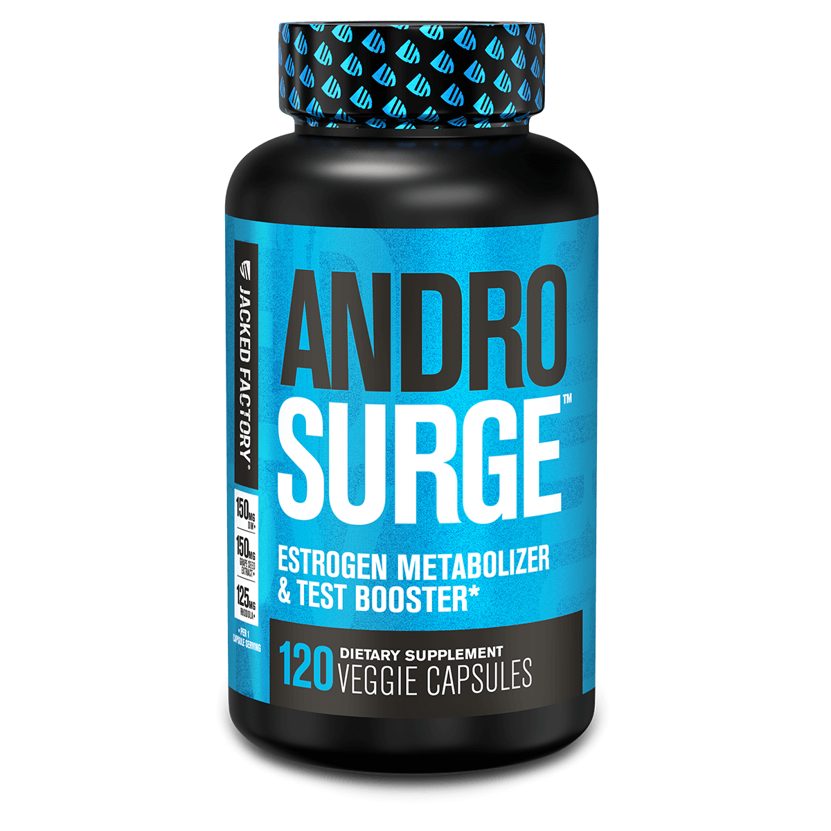 Jacked Factory's Androsurge Estrogen blocker supplement, 120 capsules in a black bottle with blue label