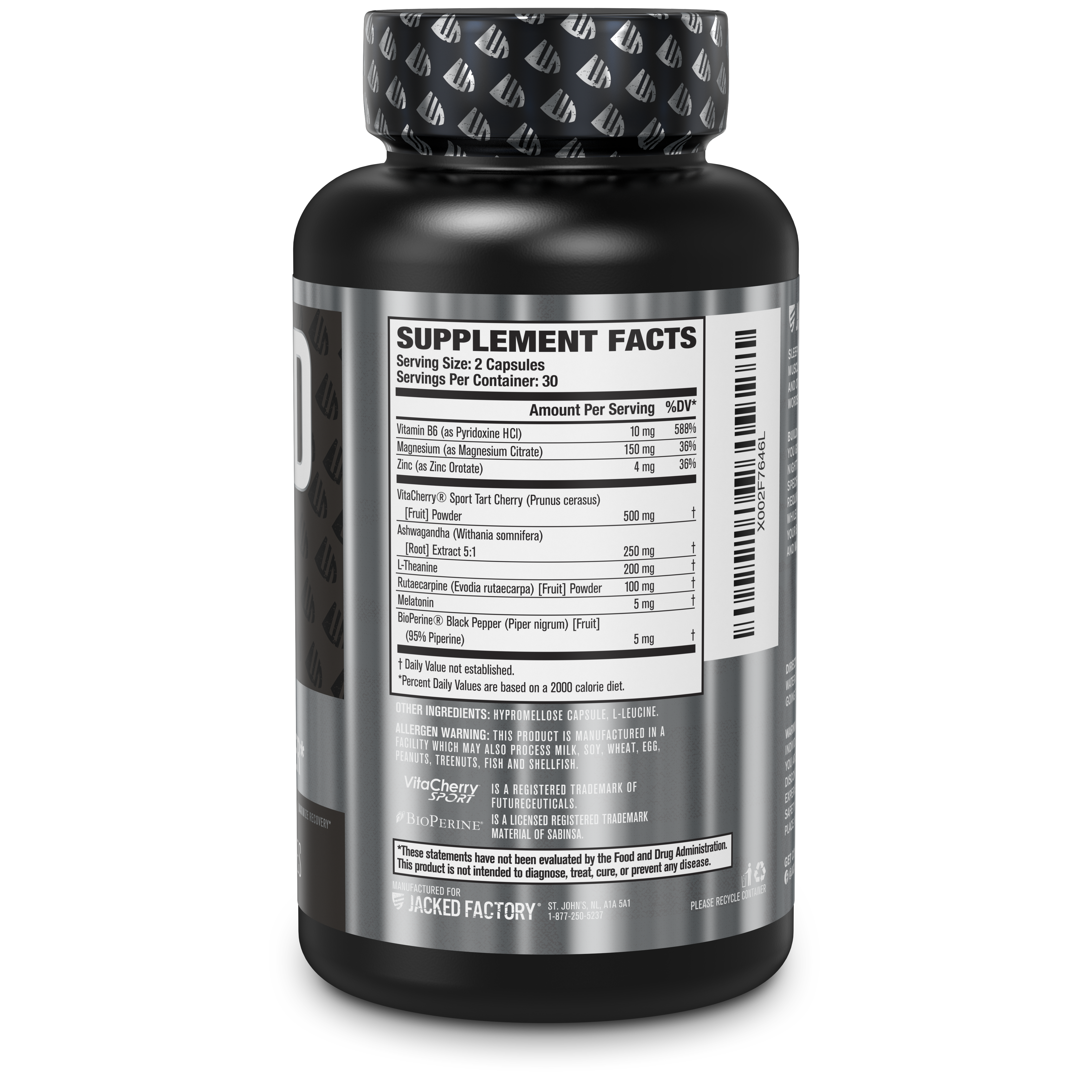 Side of Jacked Factory's Build PM 60 veggie capsules in a black bottle with metallic silver label showing product description