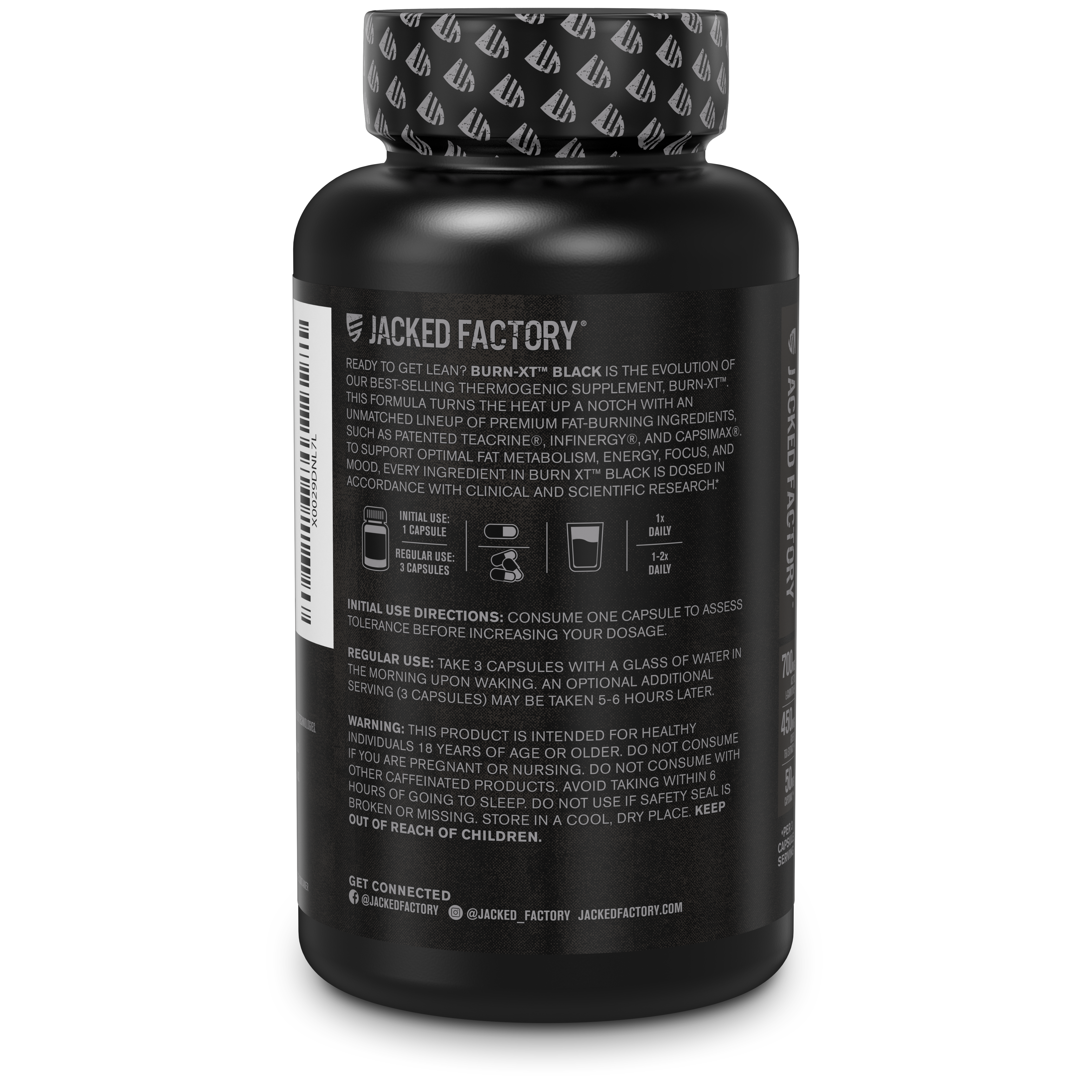 Side of Jacked Factory's Burn-XT Black 90 veggie capsules in a black bottle with black label showing product description