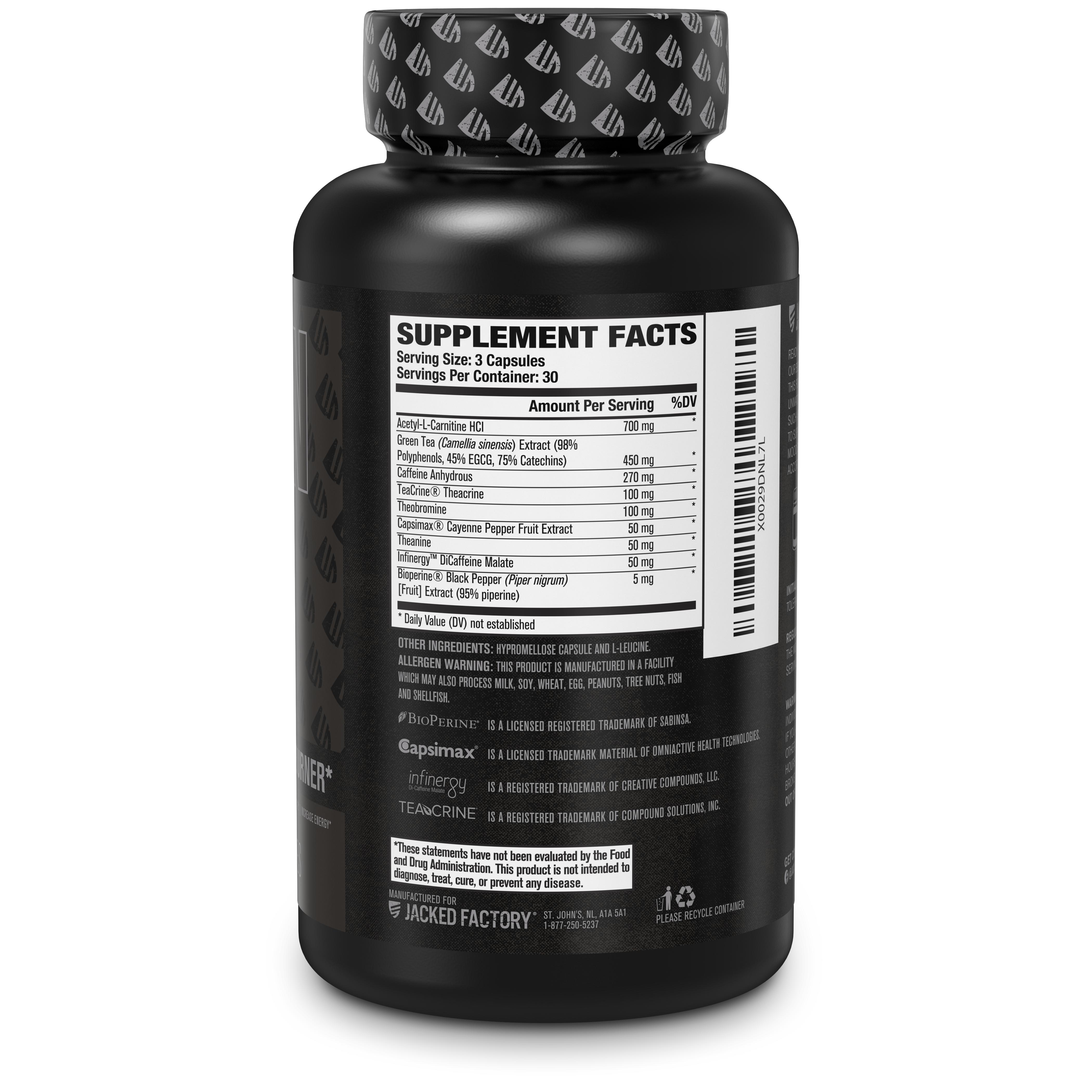 Back of Jacked Factory's Burn-XT Black 90 veggie capsules in a black bottle with black label showing supplement facts