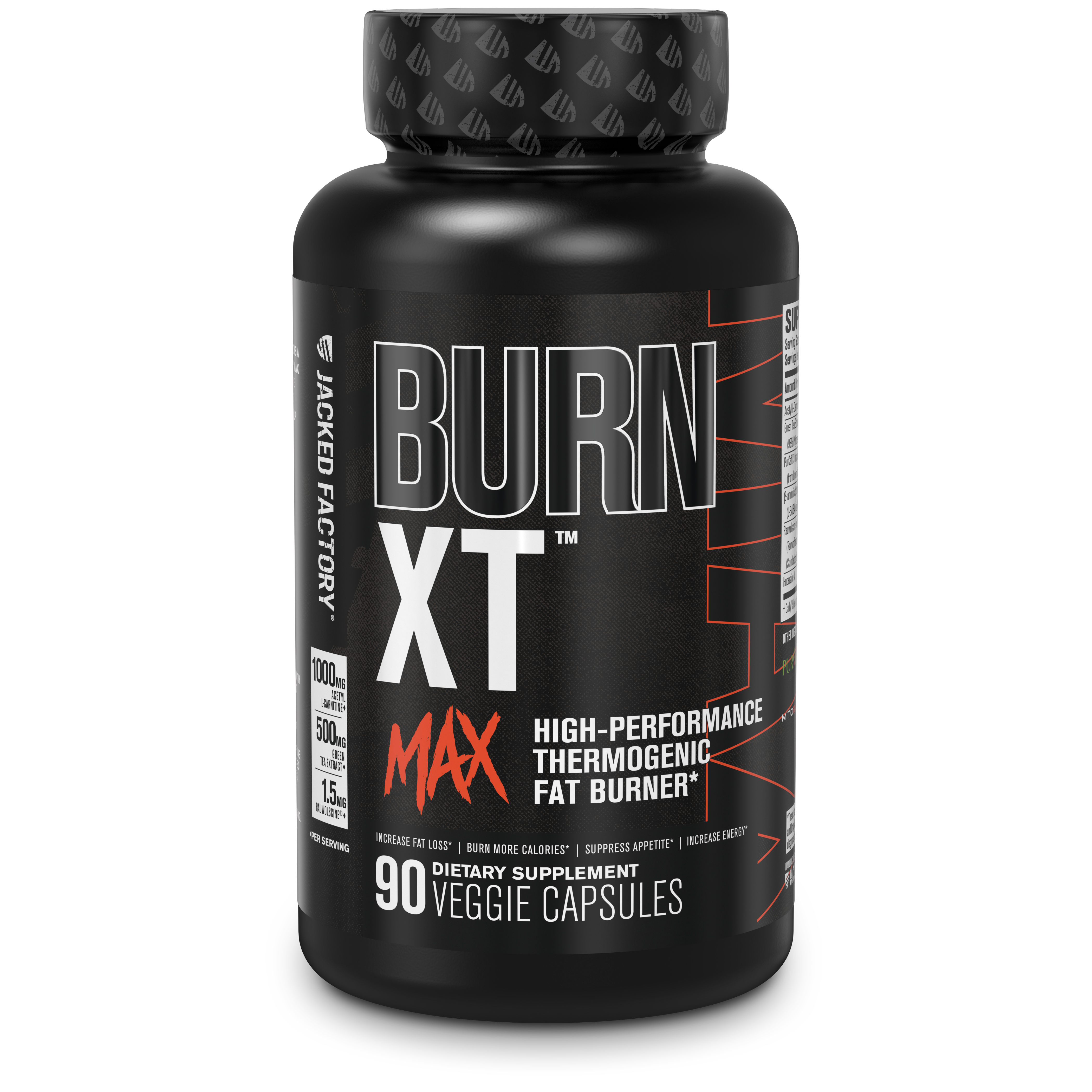 Black bottle with orange text of Jacked Factory's Burn-XT Max product