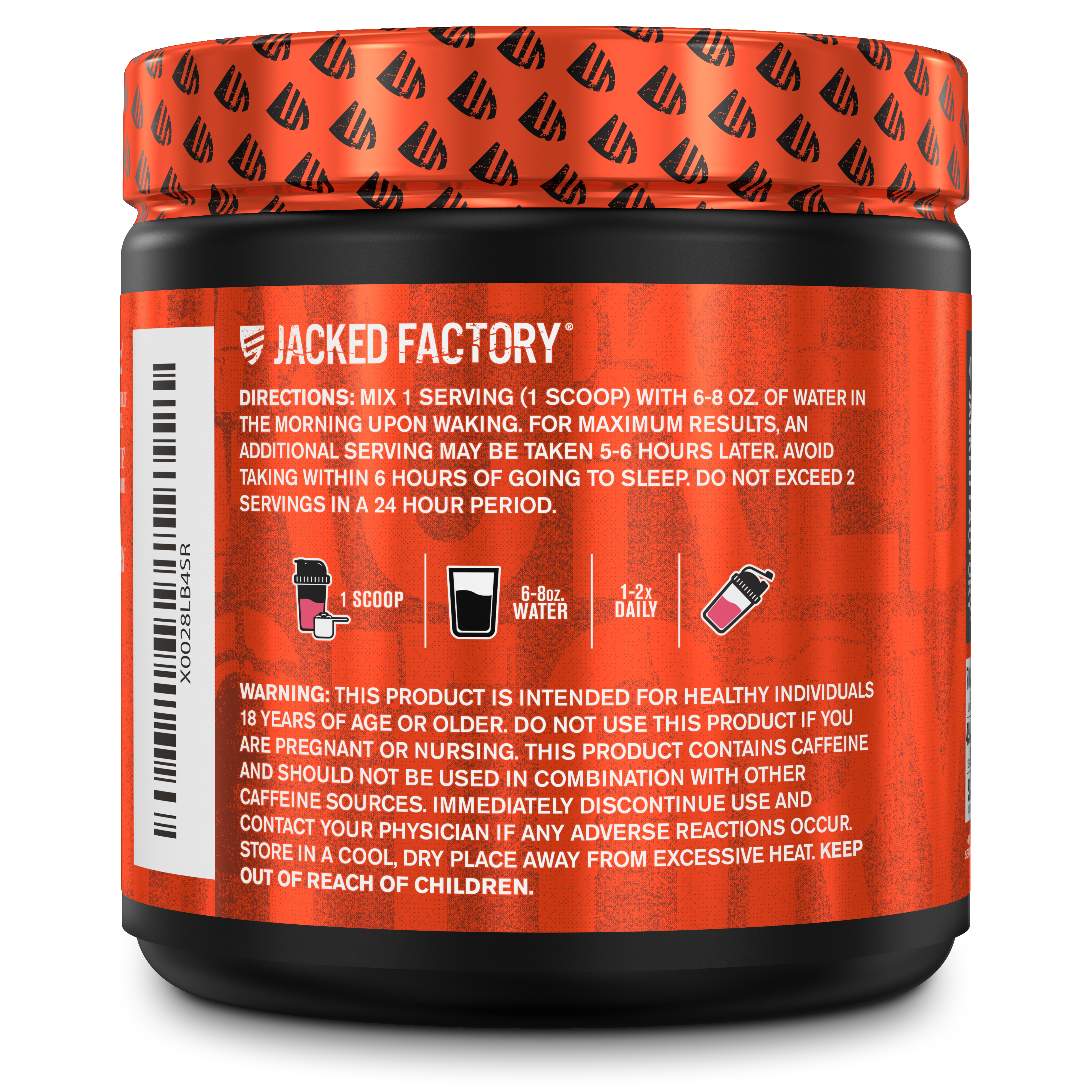 Side of Jacked Factory's Burn-XT powder Strawberry Lemonade flavor (30 servings) in a black bottle with metallic orange logo showing product description