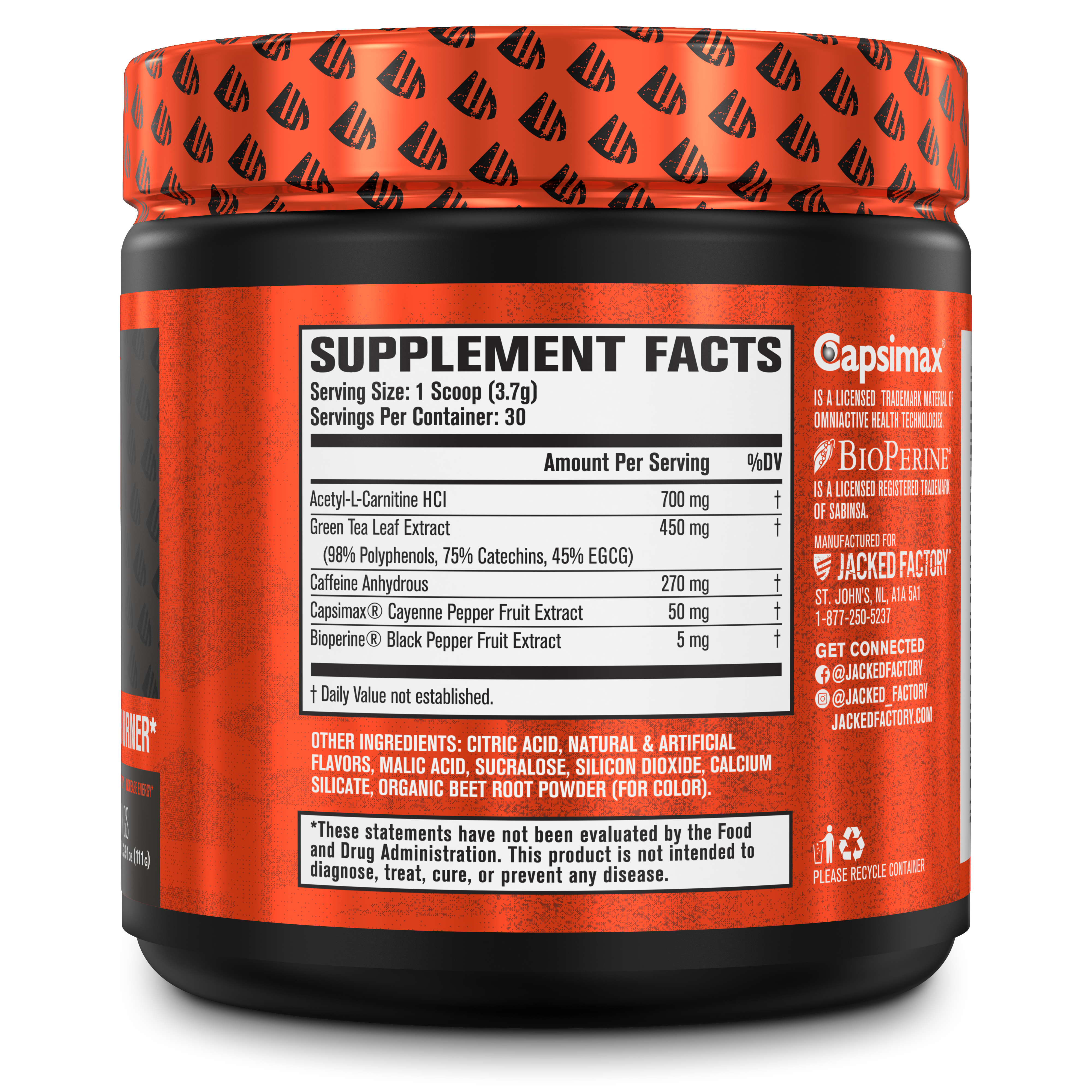 Side of Jacked Factory's Burn-XT powder Strawberry Lemonade flavor (30 servings) in a black bottle with metallic orange logo showing nutritional information