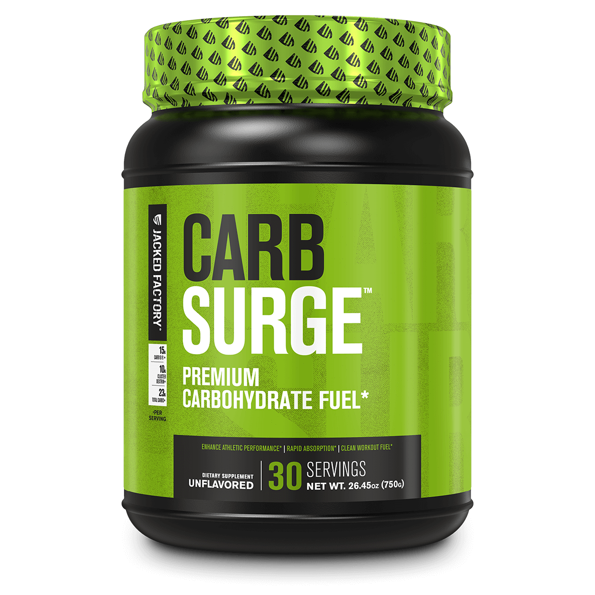 Jacked Factory's Carb Surge Unflavored (30 servings) in a black bottle with green label