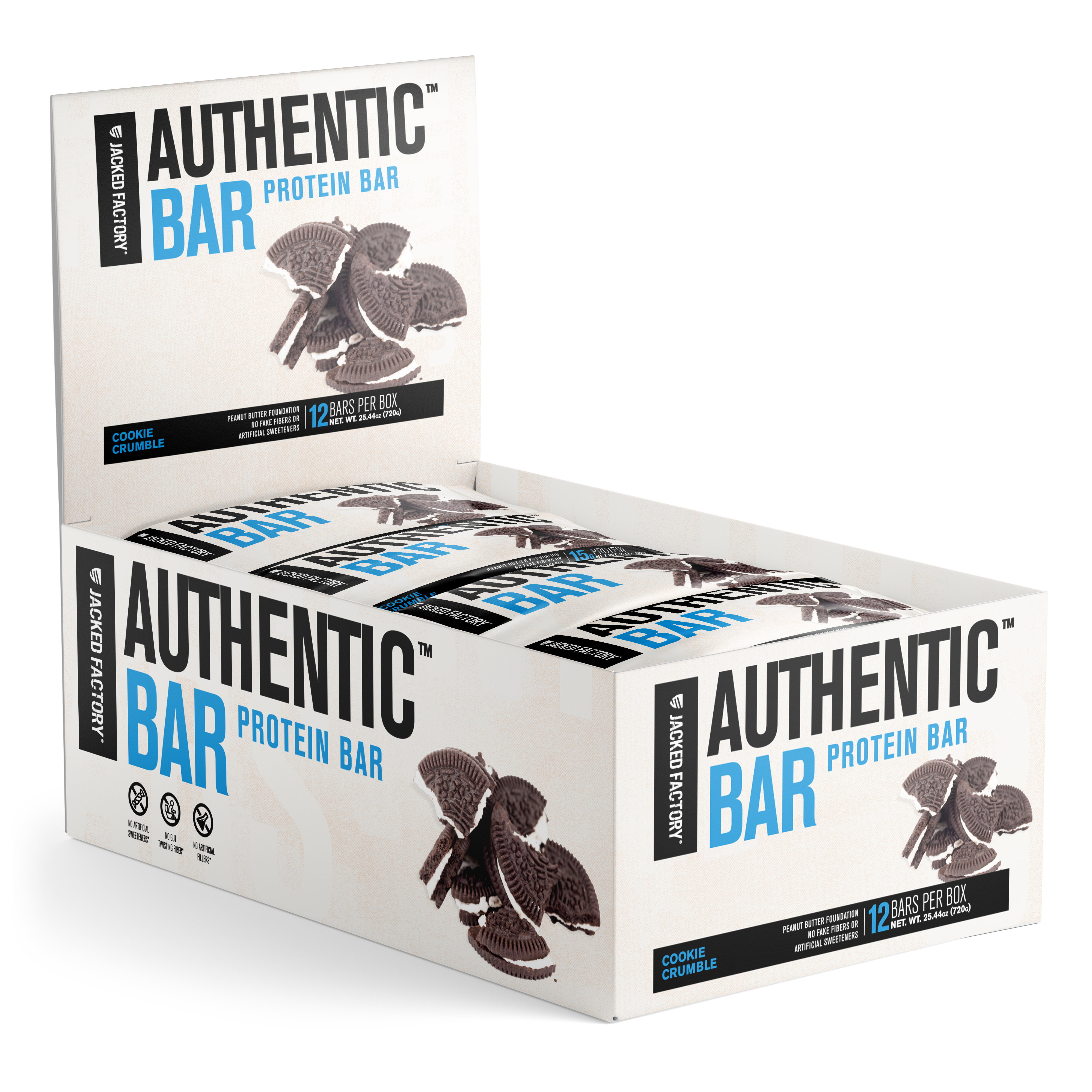 Jacked Factory's 12-pack of Cookie Crumble Authentic Bars in a blue and cream colored box with a chocolate & cream cookie image