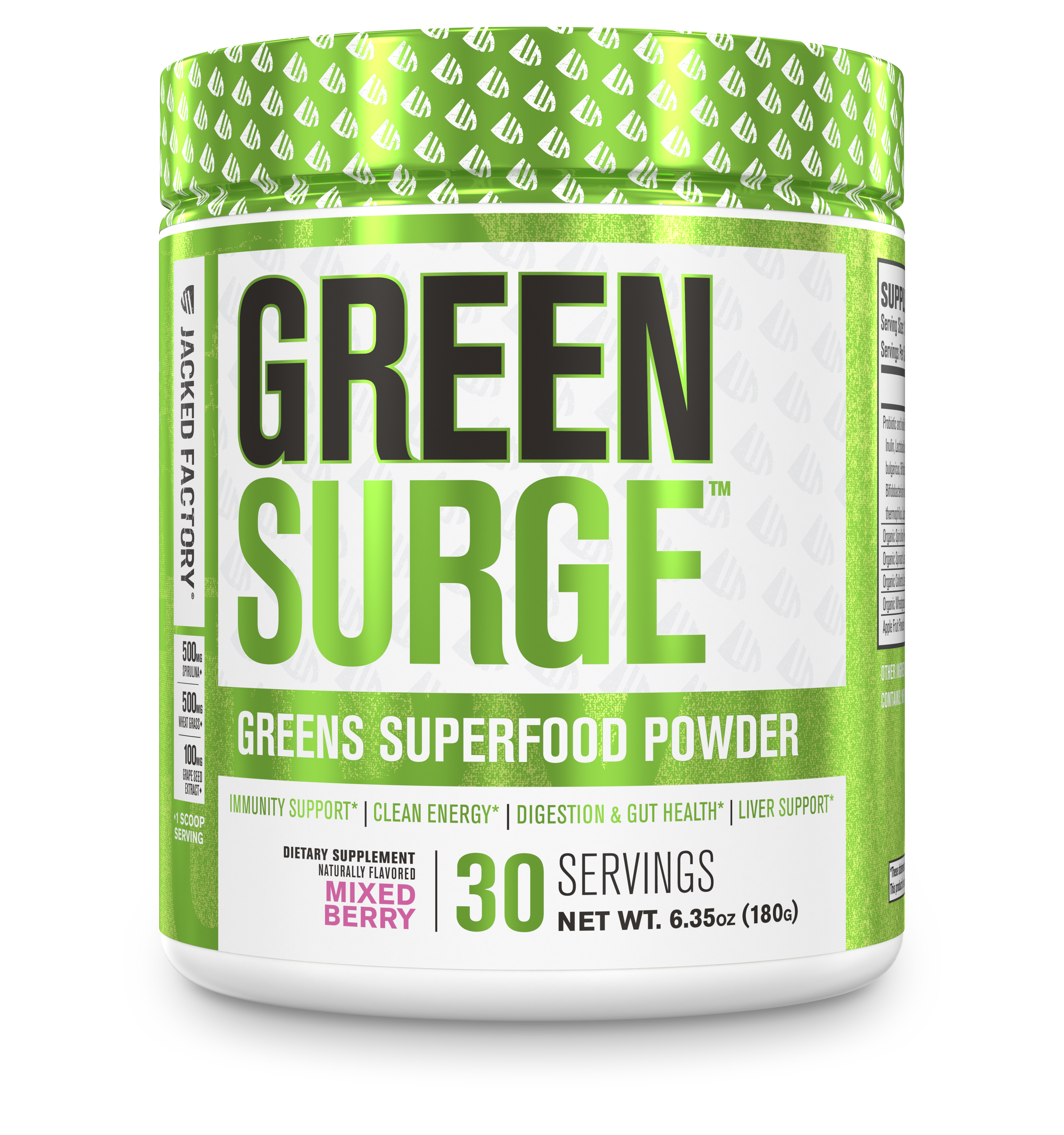 Jacked Factory's Mixed Berry Green Surge powder (30 servings) in a white bottle with bright green label