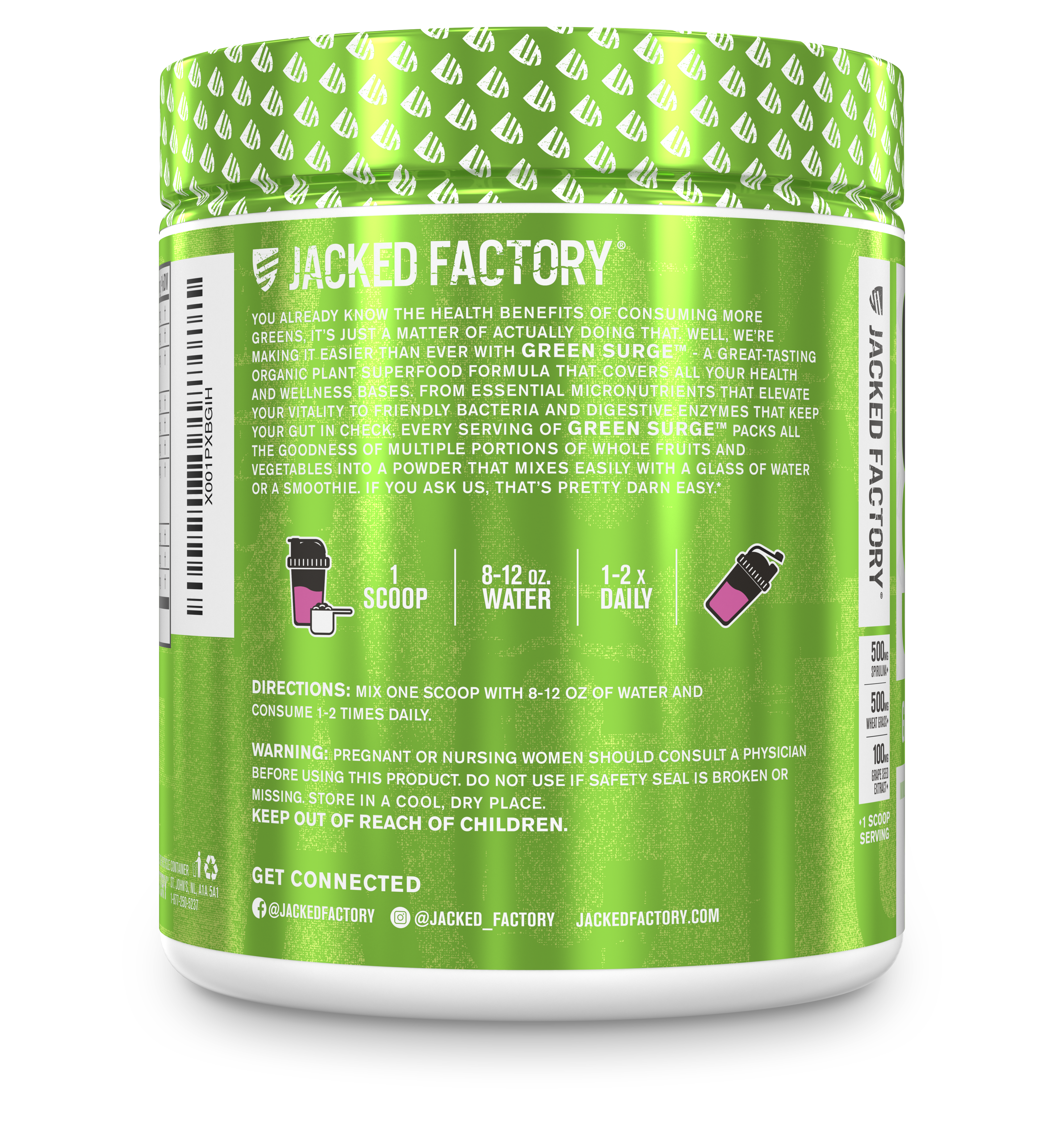 Side of Jacked Factory's Green Surge powder (30 servings) in a white bottle with bright green label showing product description