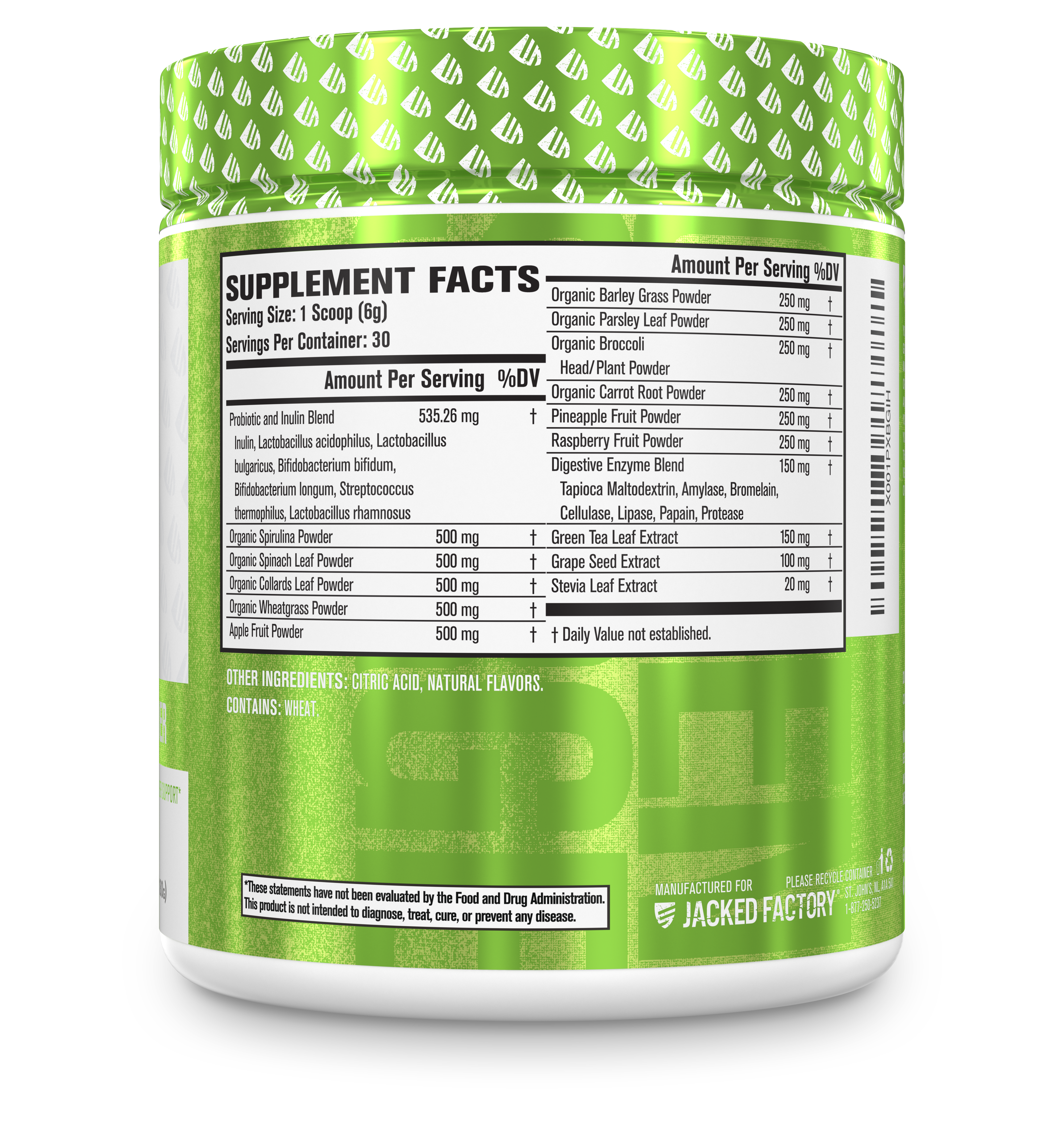 Side of Jacked Factory's Mixed Berry Green Surge (30 servings) in a white bottle with bright green label showing nutritional information