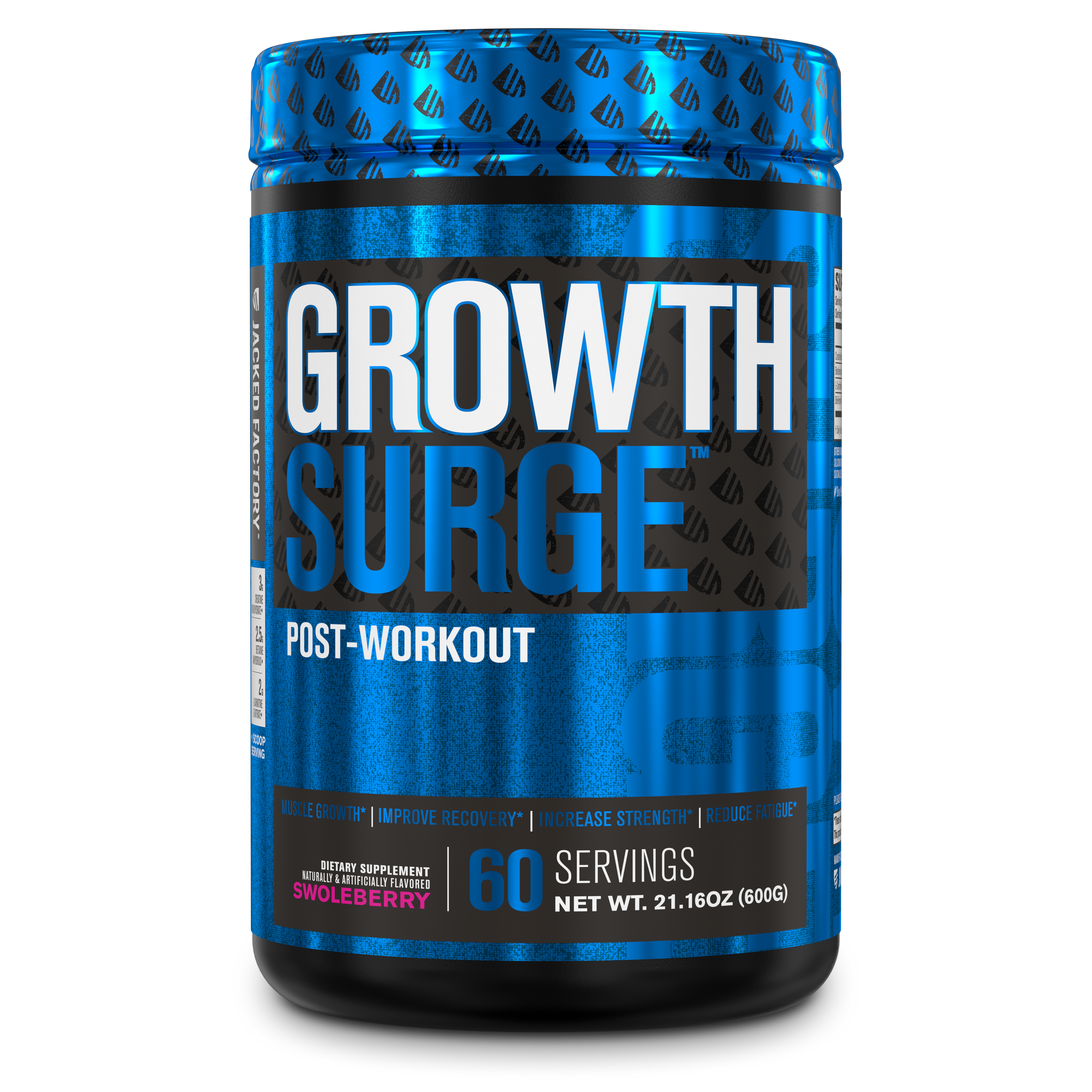 Jacked Factory Growth Surge Swoleberry (60 servings), in a black tub with a black and blue label and black and blue lid.