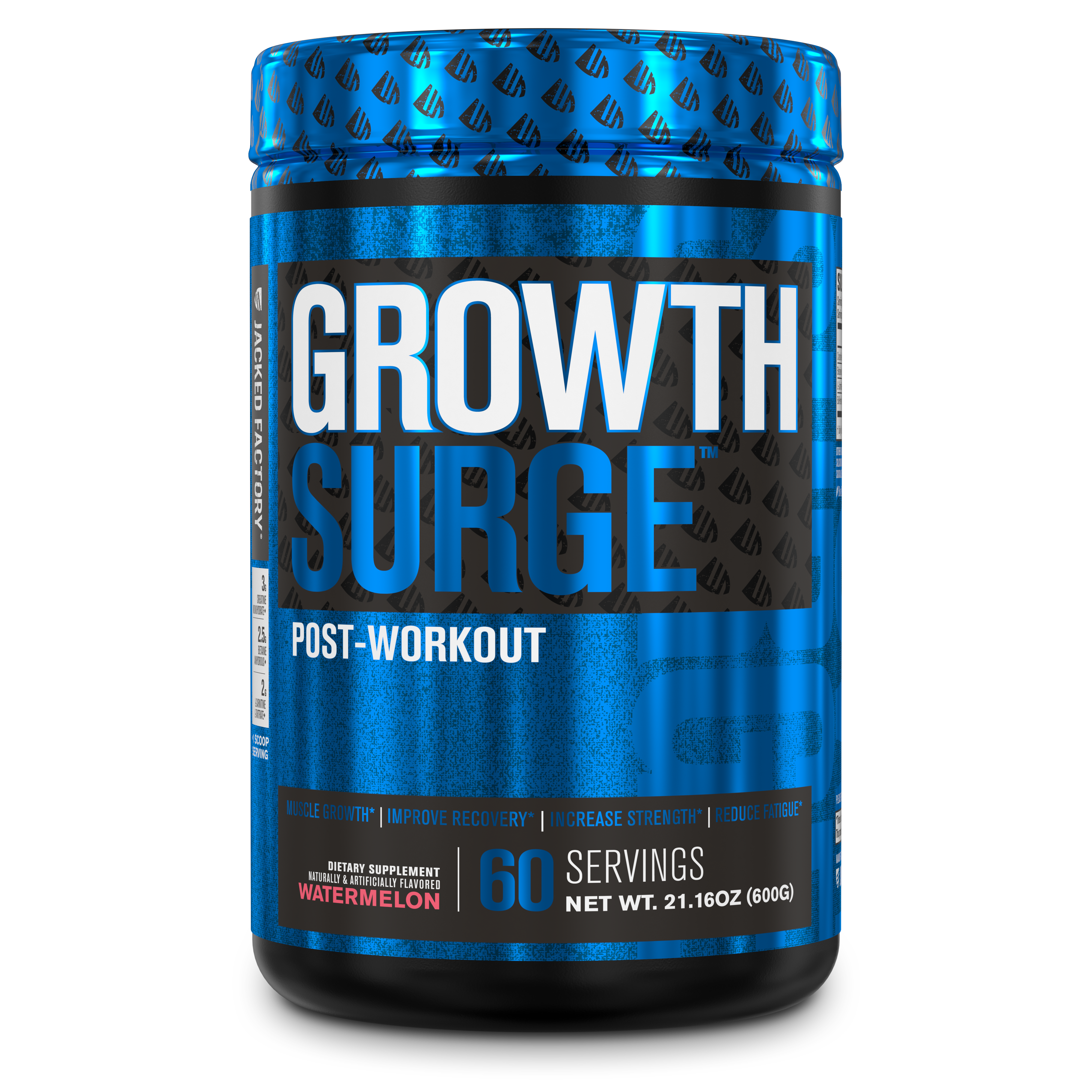 Jacked Factory Growth Surge Watermelon (60 servings), in a black tub with a black and blue label and black and blue lid.