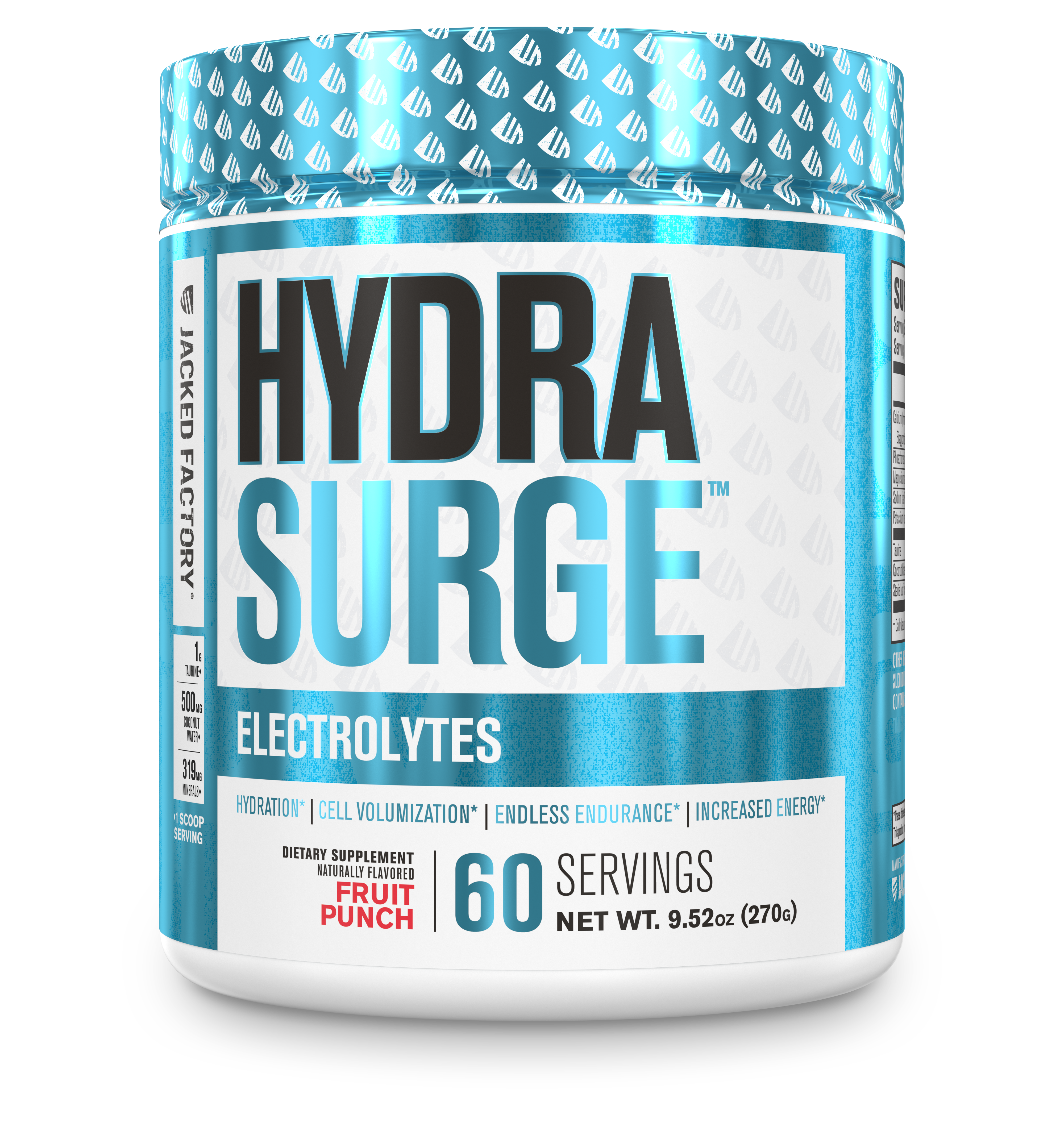 Jacked Factory's Fruit Punch Hydrasurge electrolytes powder (60 servings) in a white bottle with light blue label