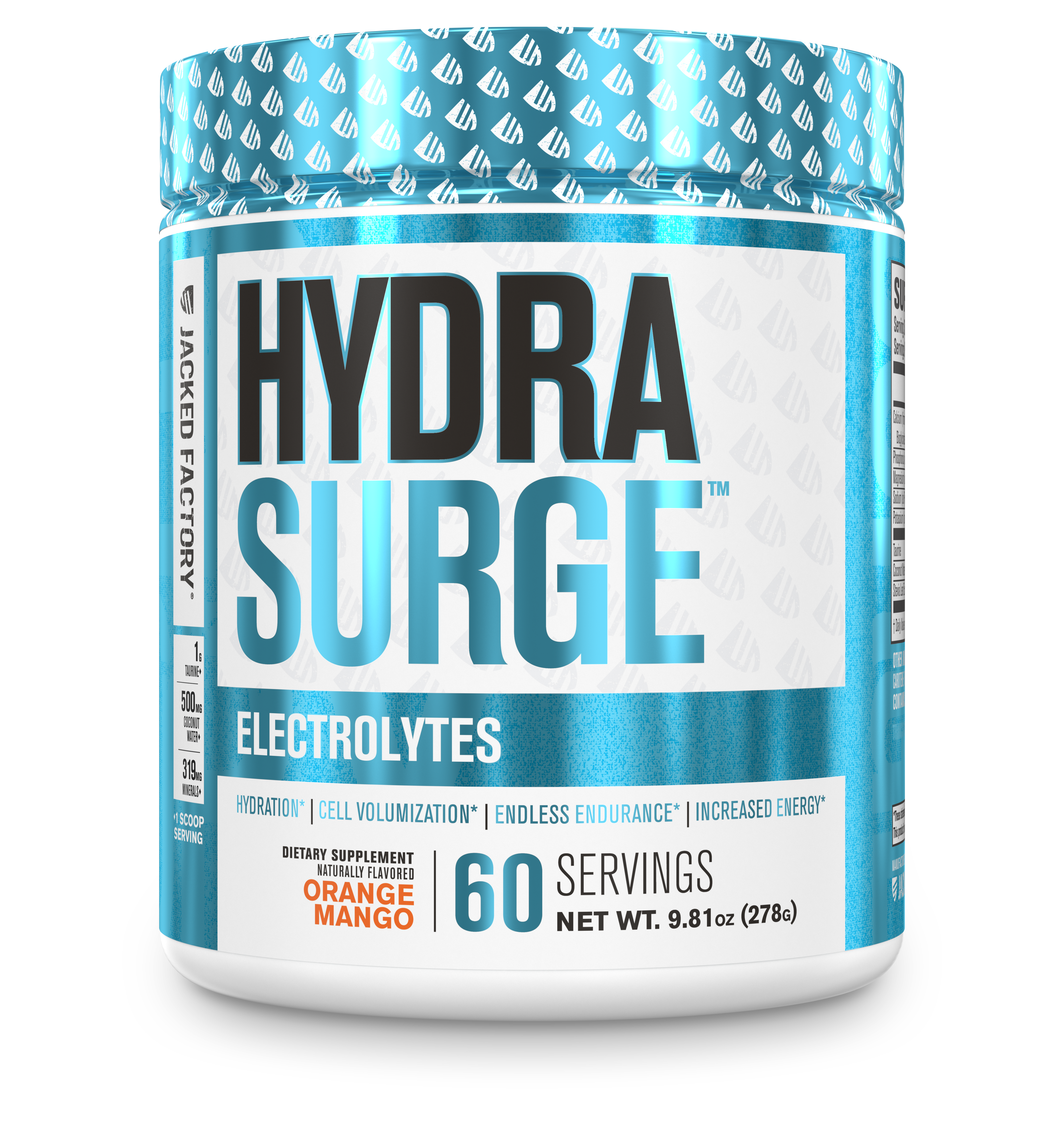 Jacked Factory's Orange Mango Hydrasurge electrolytes powder (60 servings) in a white bottle with light blue label