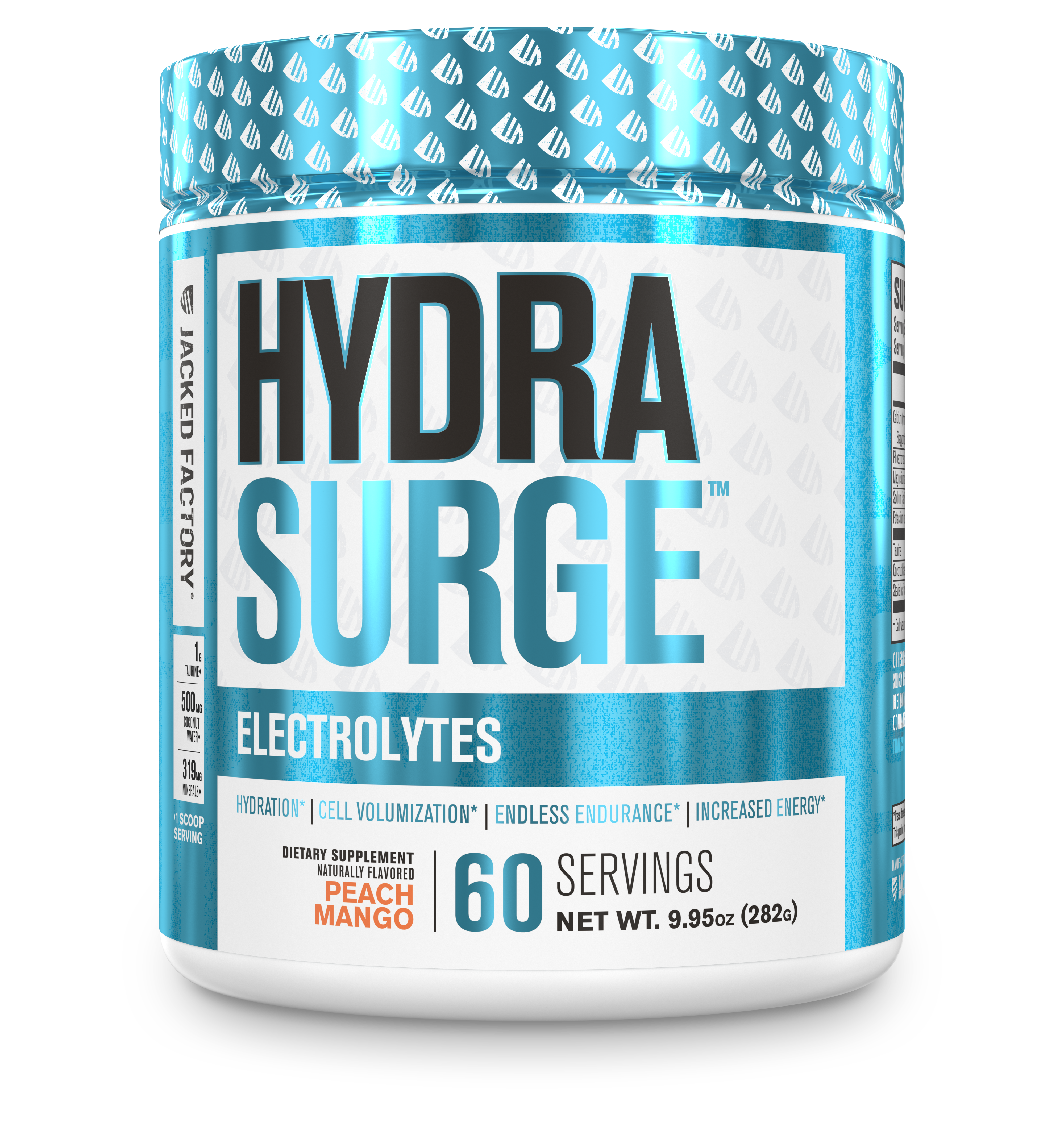 Jacked Factory's Peach Mango Hydrasurge electrolytes powder (60 servings) in a white bottle with light blue label