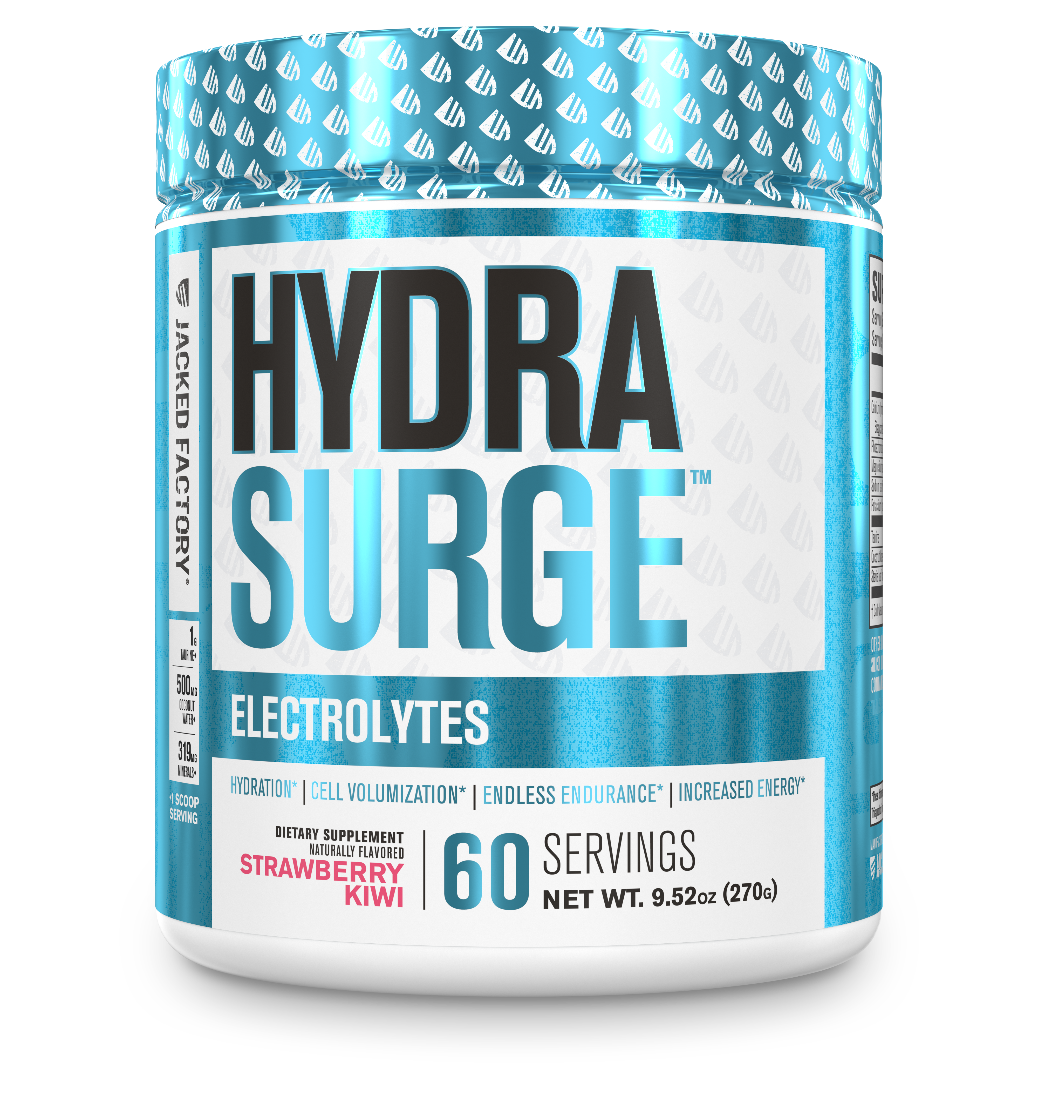 Jacked Factory's Strawberry Kiwi Hydrasurge electrolytes powder (60 servings) in a white bottle with light blue label