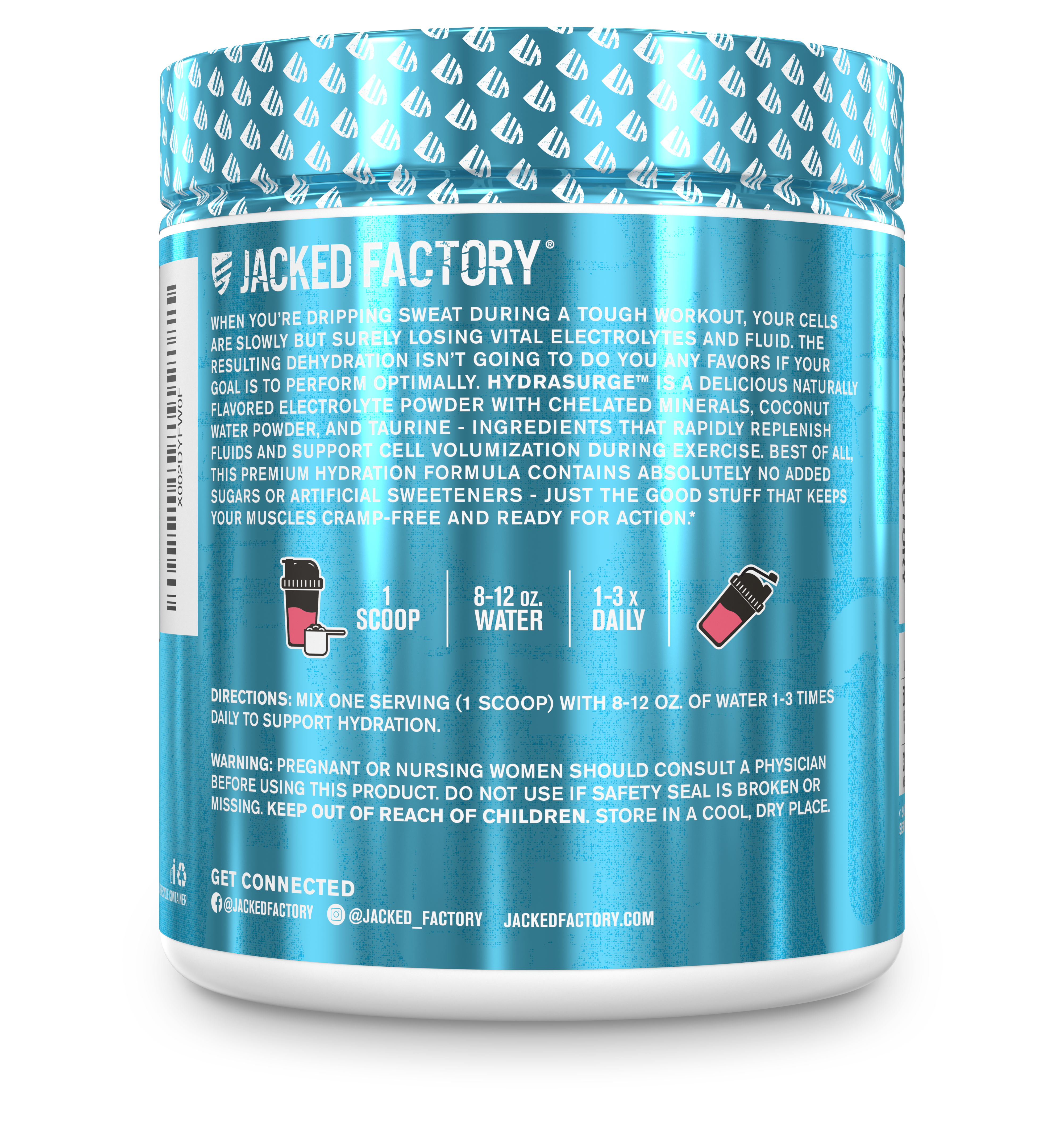 Side of Jacked Factory Hydrasurge Premium Electrolytes label with recommended usage