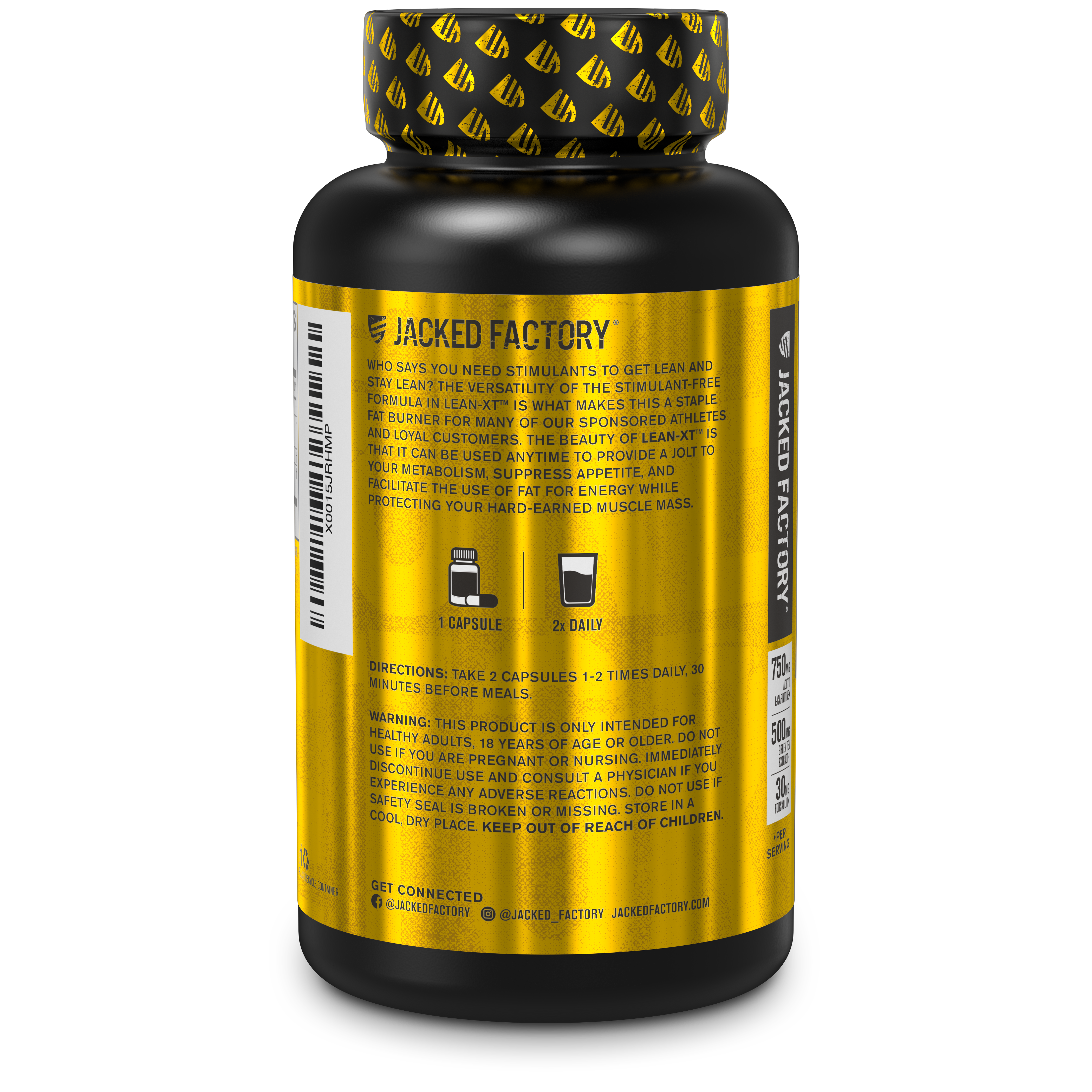 Side of Jacked Factory's Lean-XT (60 veggie capsules) in a black bottle with yellow label showing product description