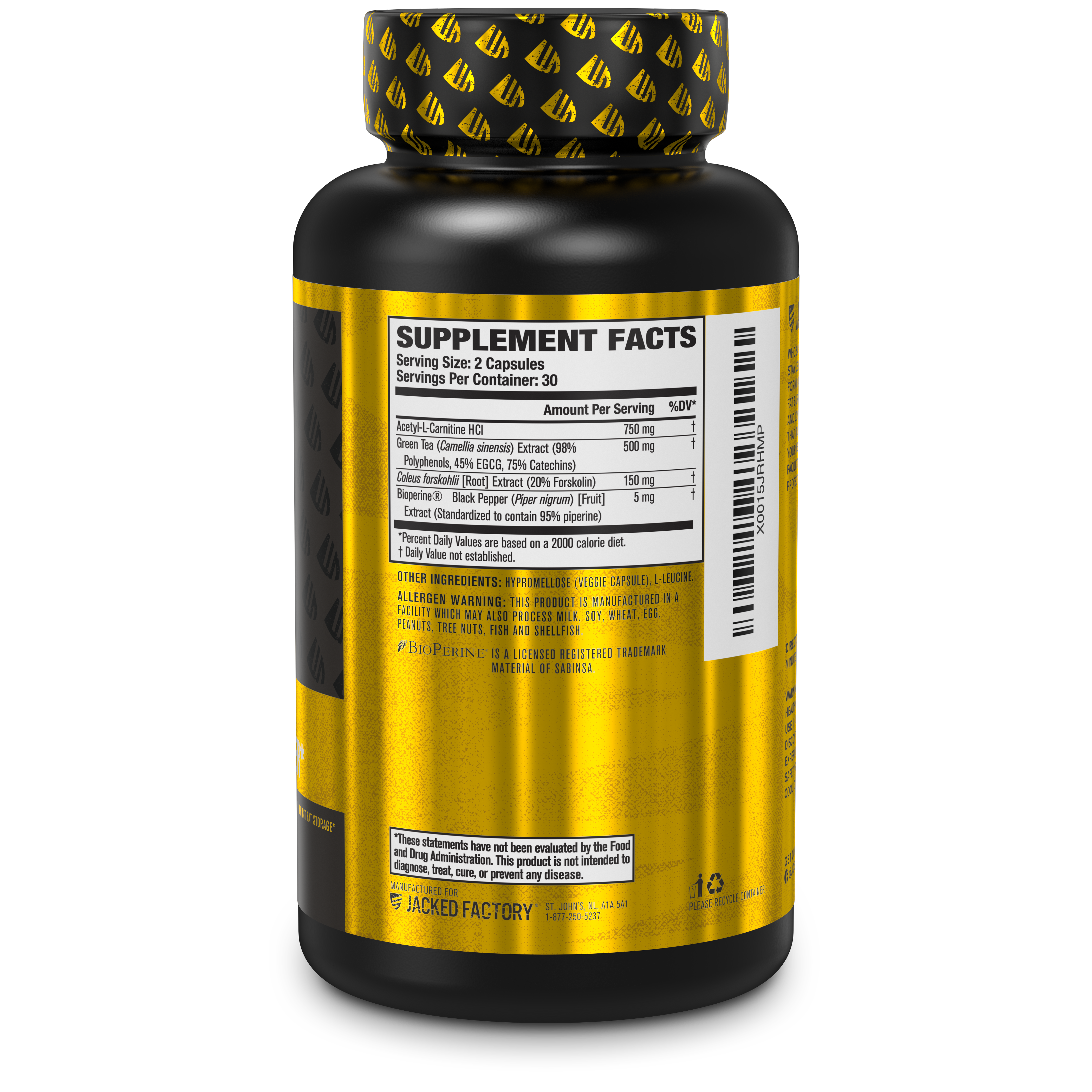 Side of Jacked Factory's Lean-XT (60 veggie capsules) in a black bottle with yellow label showing nutritional information