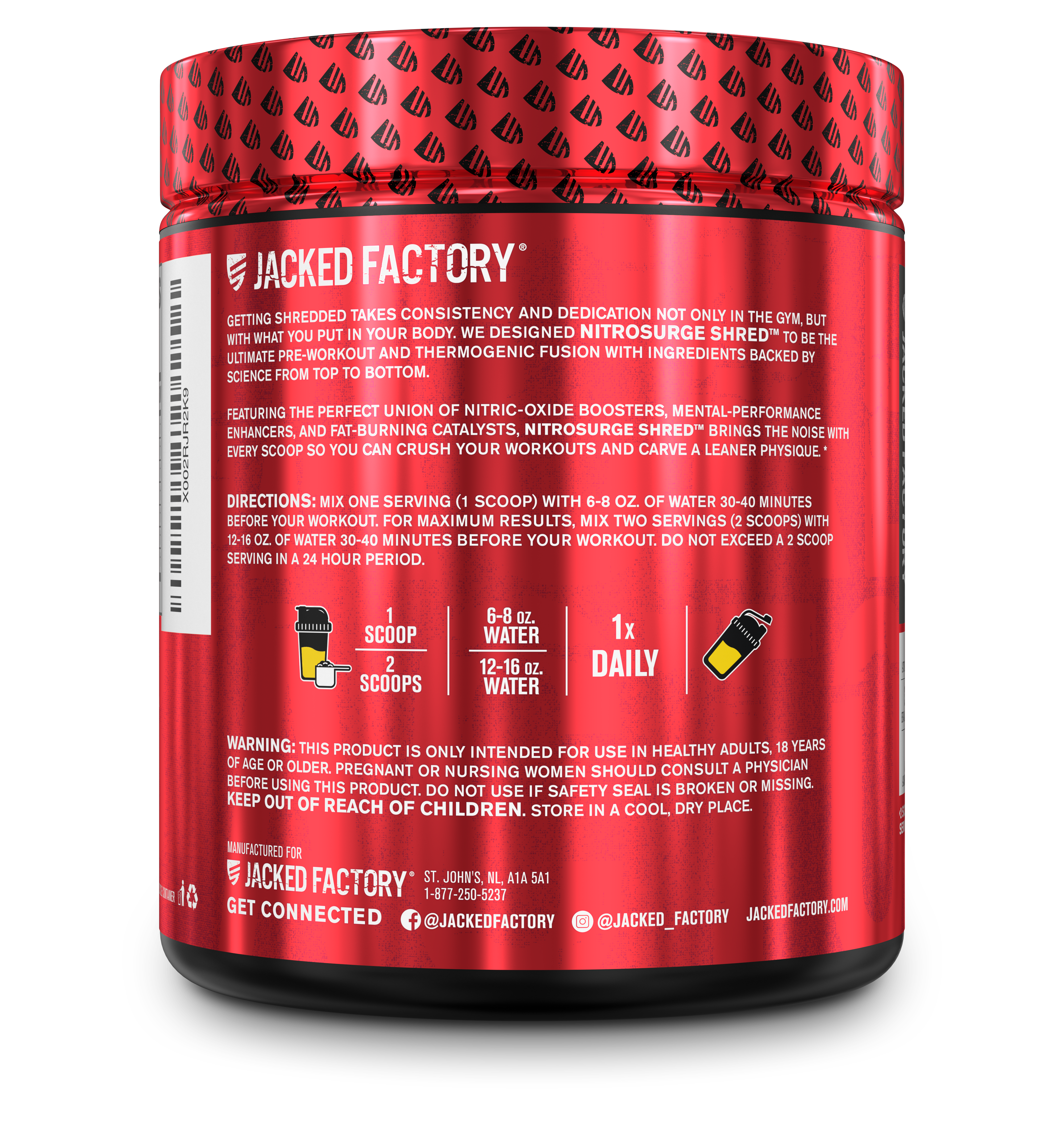 Side of Jacked Factory's  Nitrosurge Shred (30 servings) in a black bottle with red label with product information and instructions 