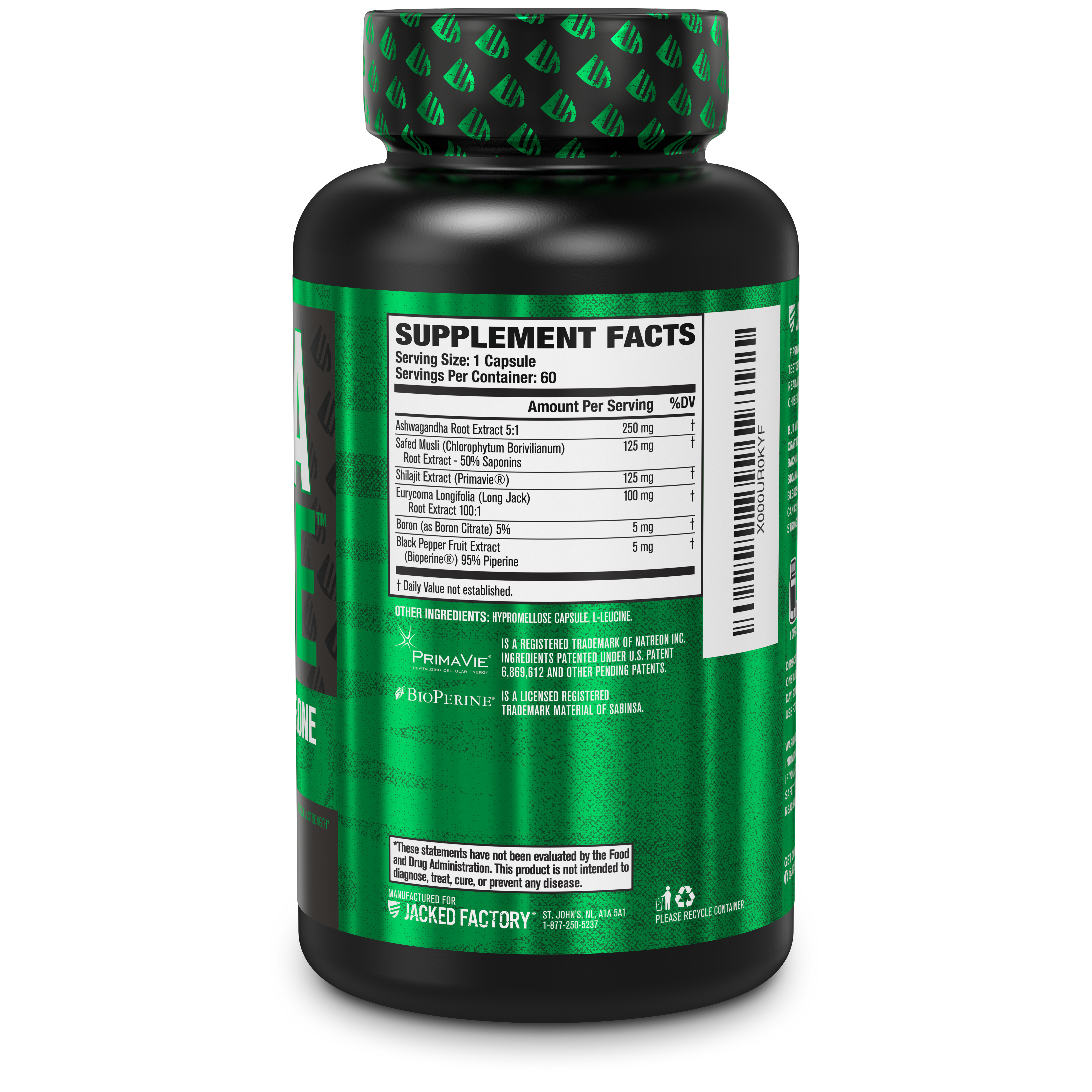 Side of Jacked Factory's Primasurge (60 veggie capsules) in a black bottle with green label showing nutritional information