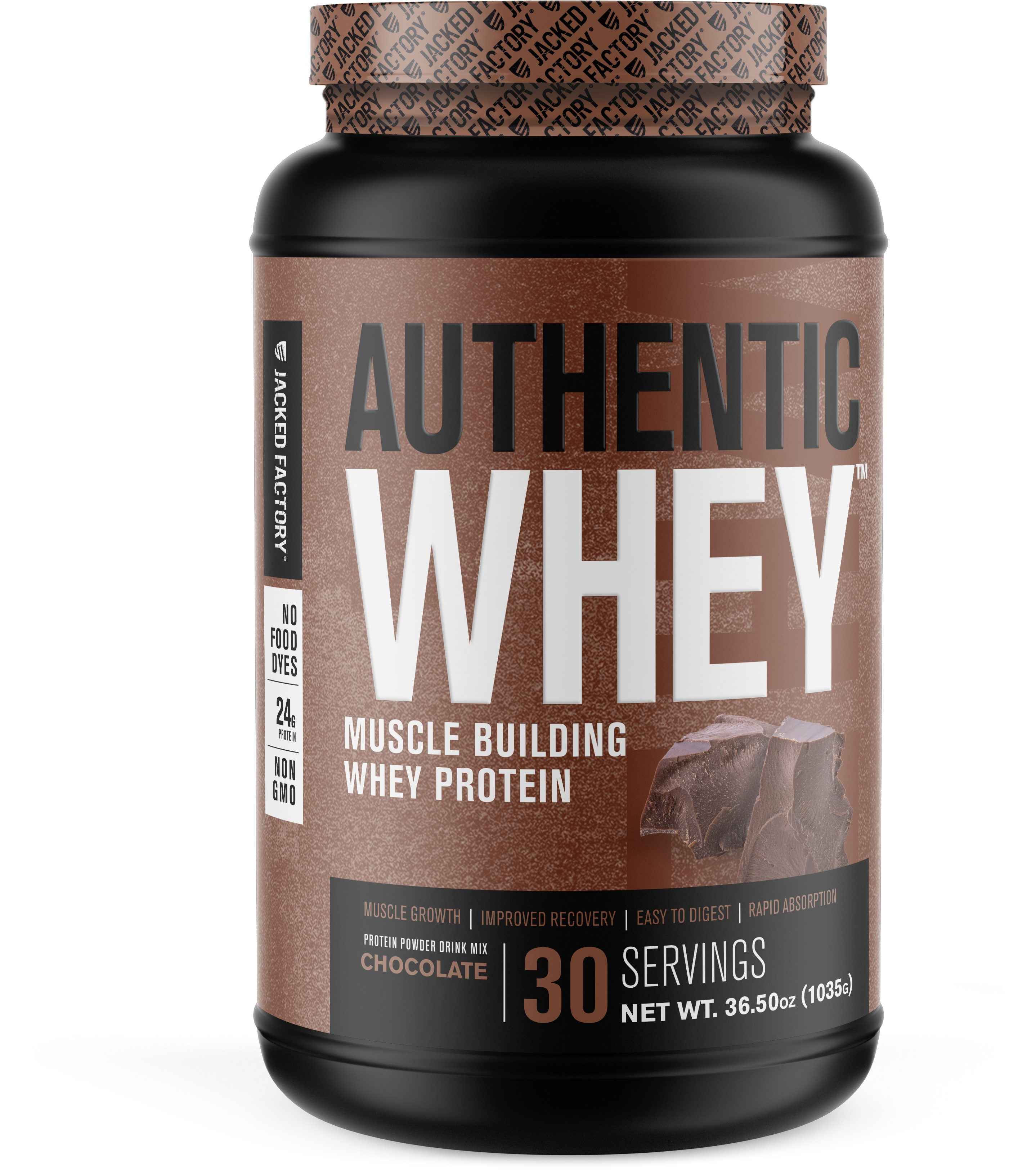 Black bottle with a brown label for Chocolate Authentic Whey (30 servings)