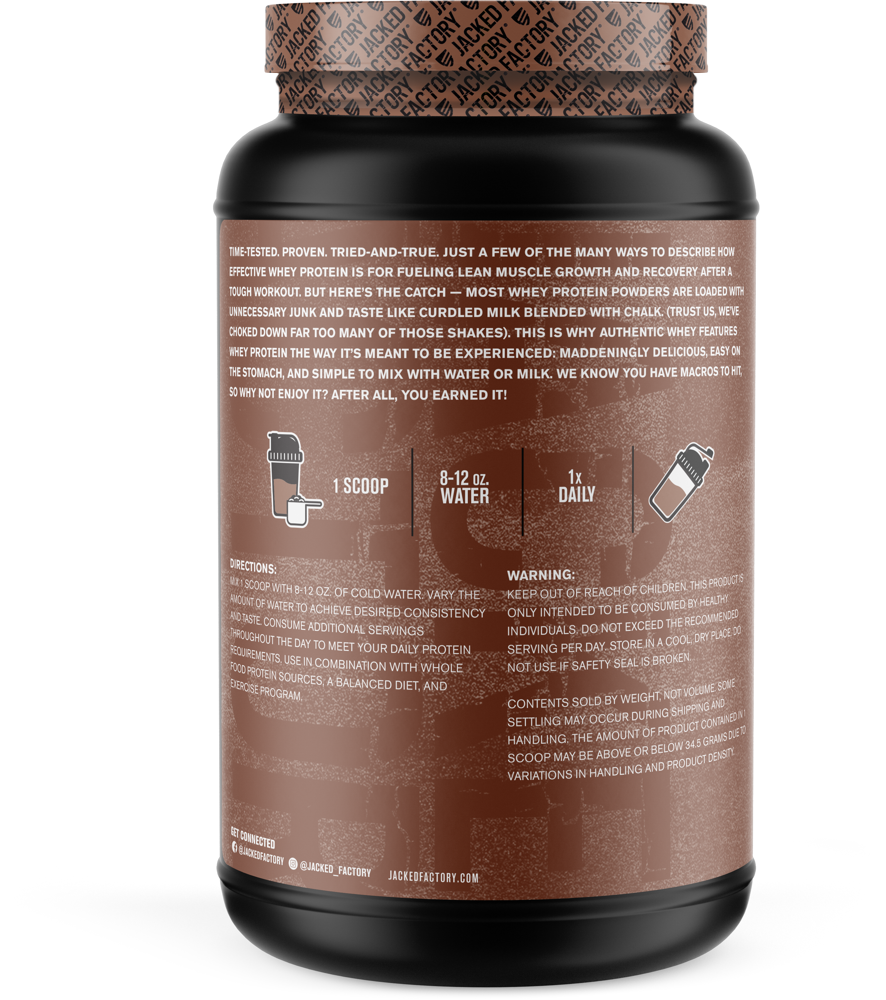 Side of Black bottle with a brown label for Chocolate Authentic Whey (30 servings) showing recommended usage