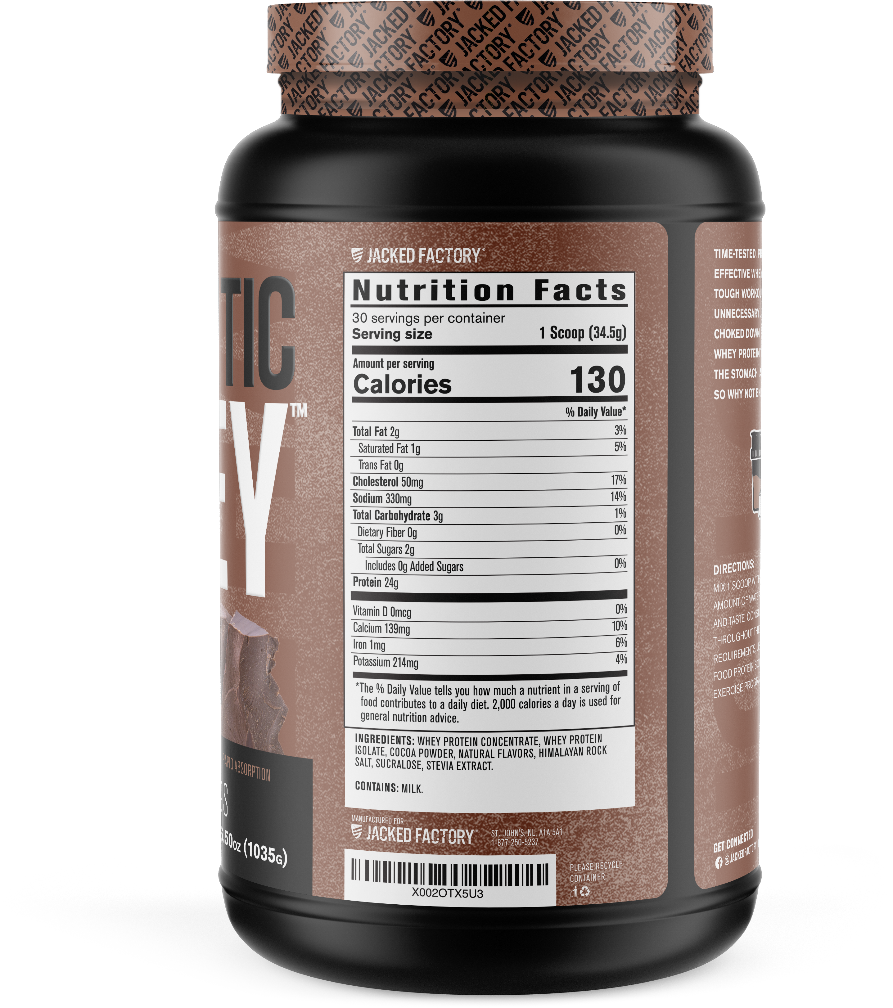 Side of Black bottle with a brown label for Chocolate Authentic Whey (30 servings) showing nutritional information