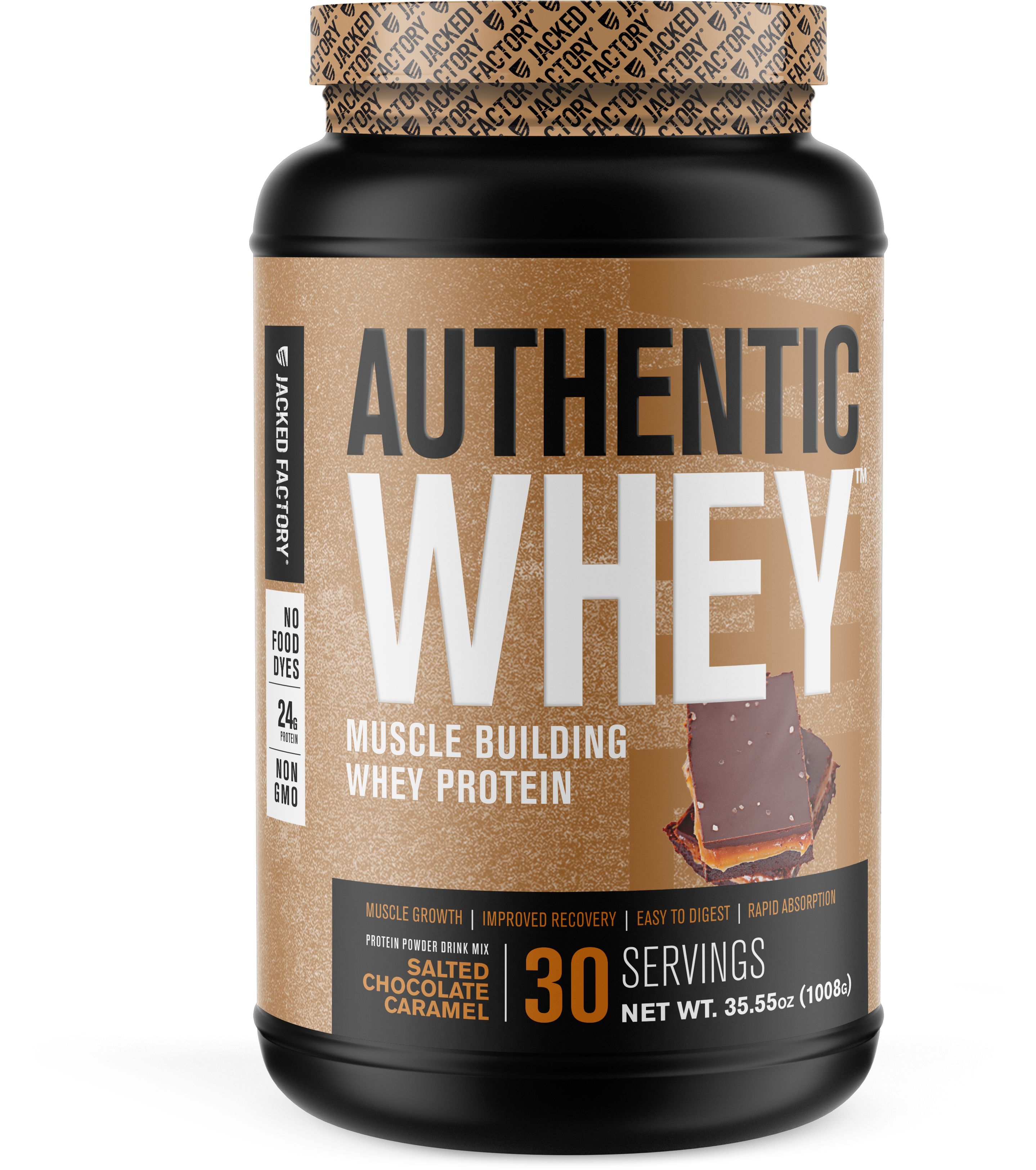 Black bottle with a light brown label for Salted Chocolate Caramel Authentic Whey (30 servings)