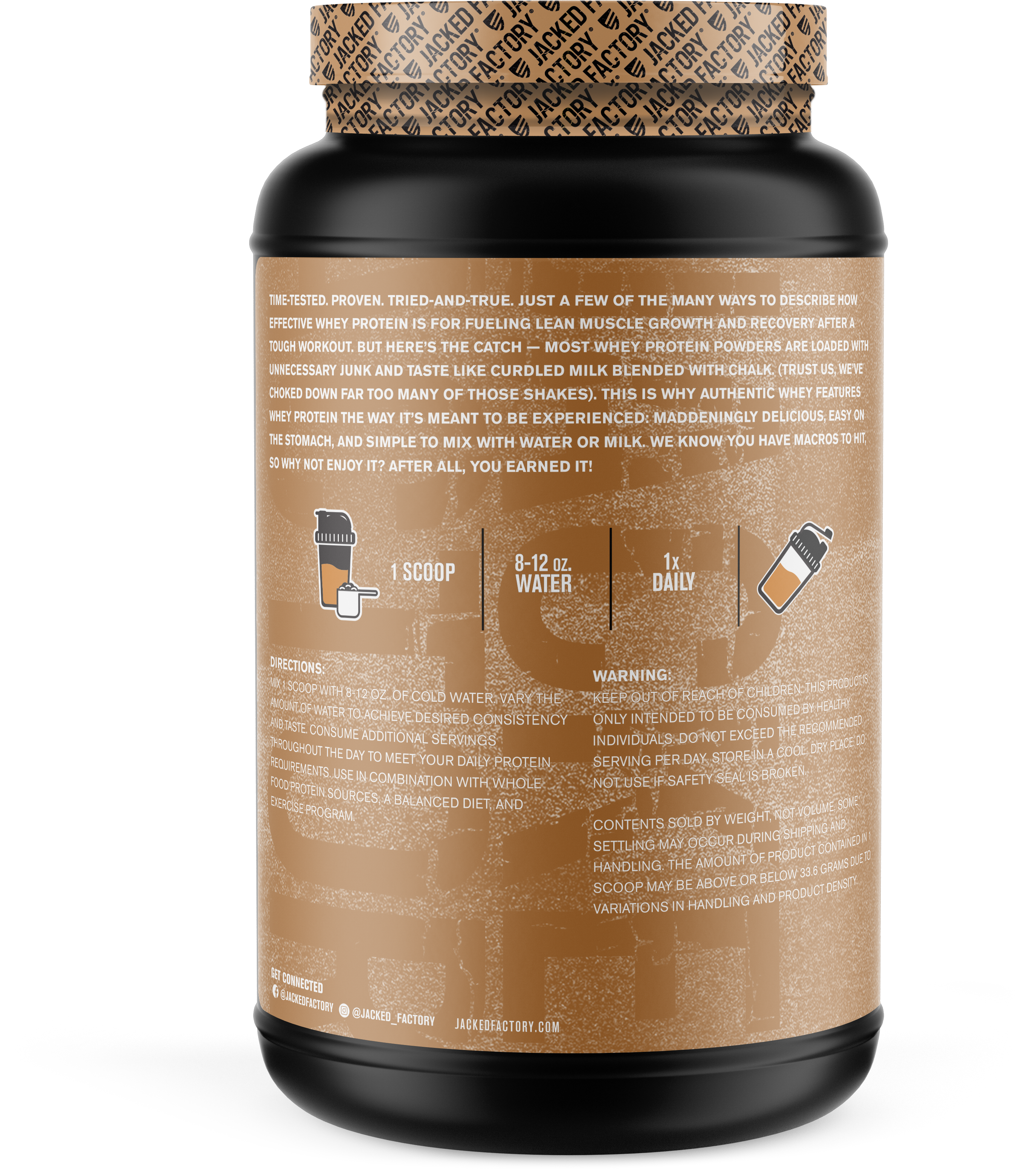 Side of Black bottle with a light brown label for Salted Chocolate Caramel Authentic Whey (30 servings) showing recommended usage