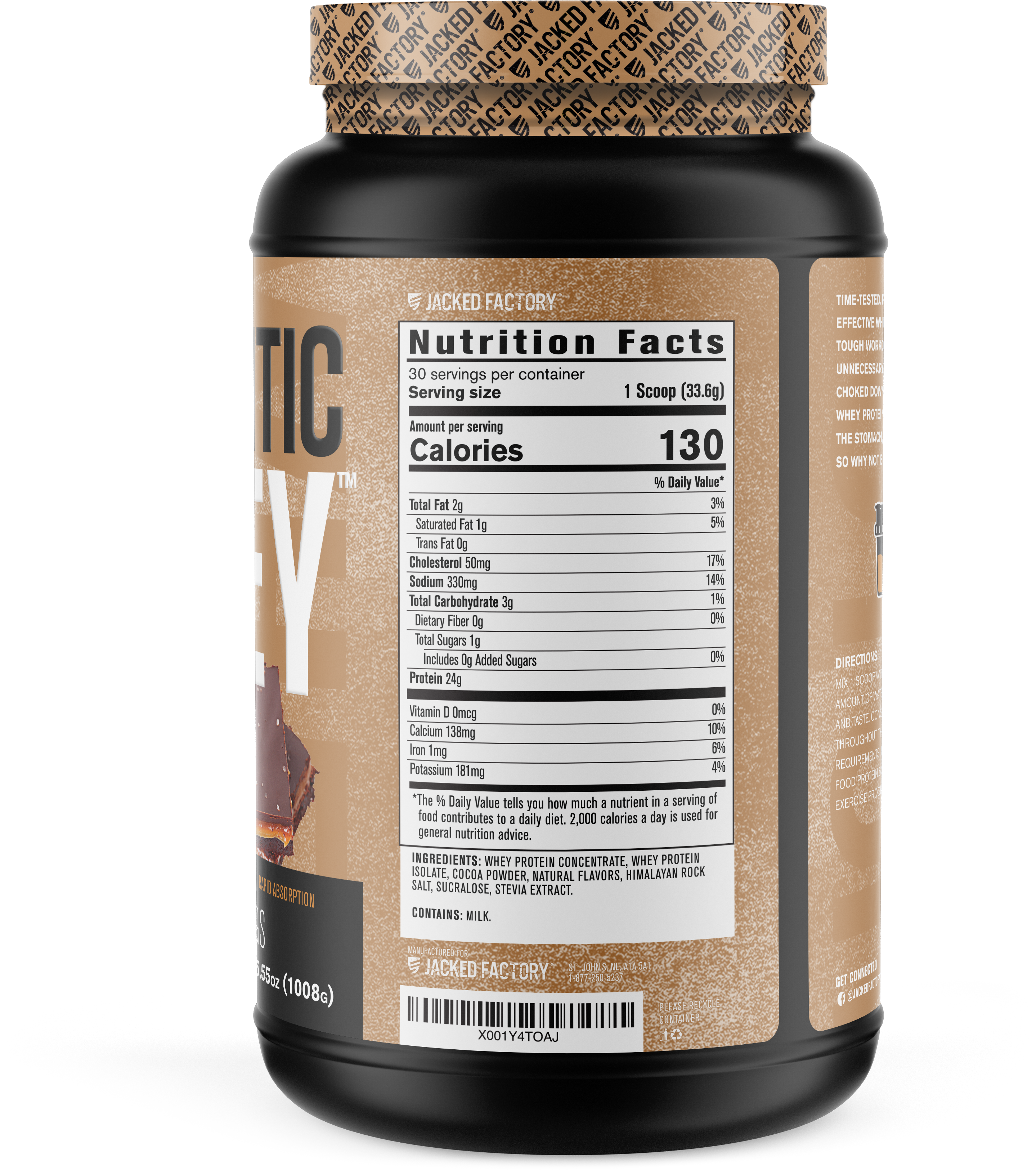 Side of Black bottle with a light brown label for Salted Chocolate Caramel Authentic Whey (30 servings) showing nutritional information