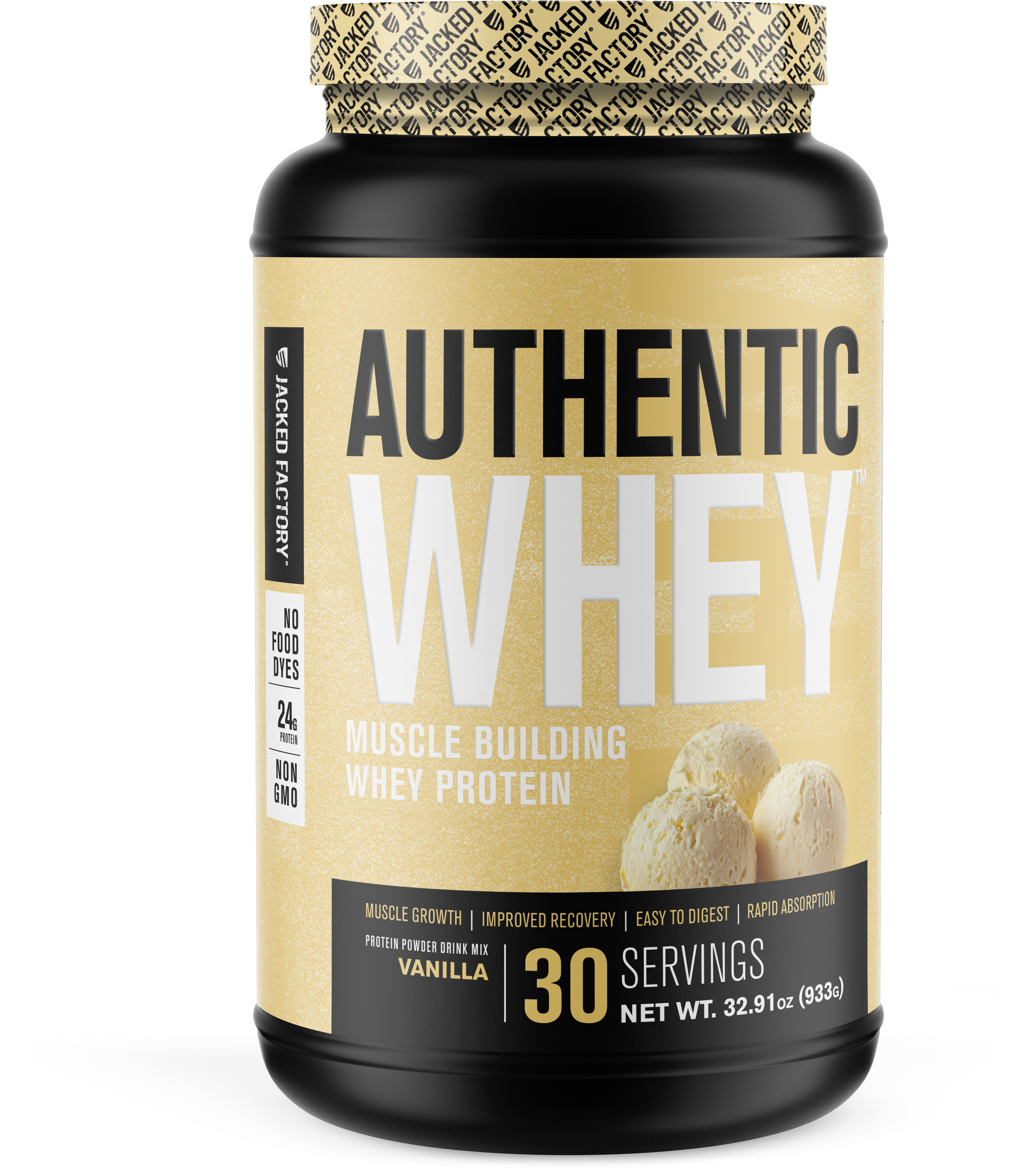 Black bottle with a cream colored label for Vanilla Authentic Whey (30 servings)