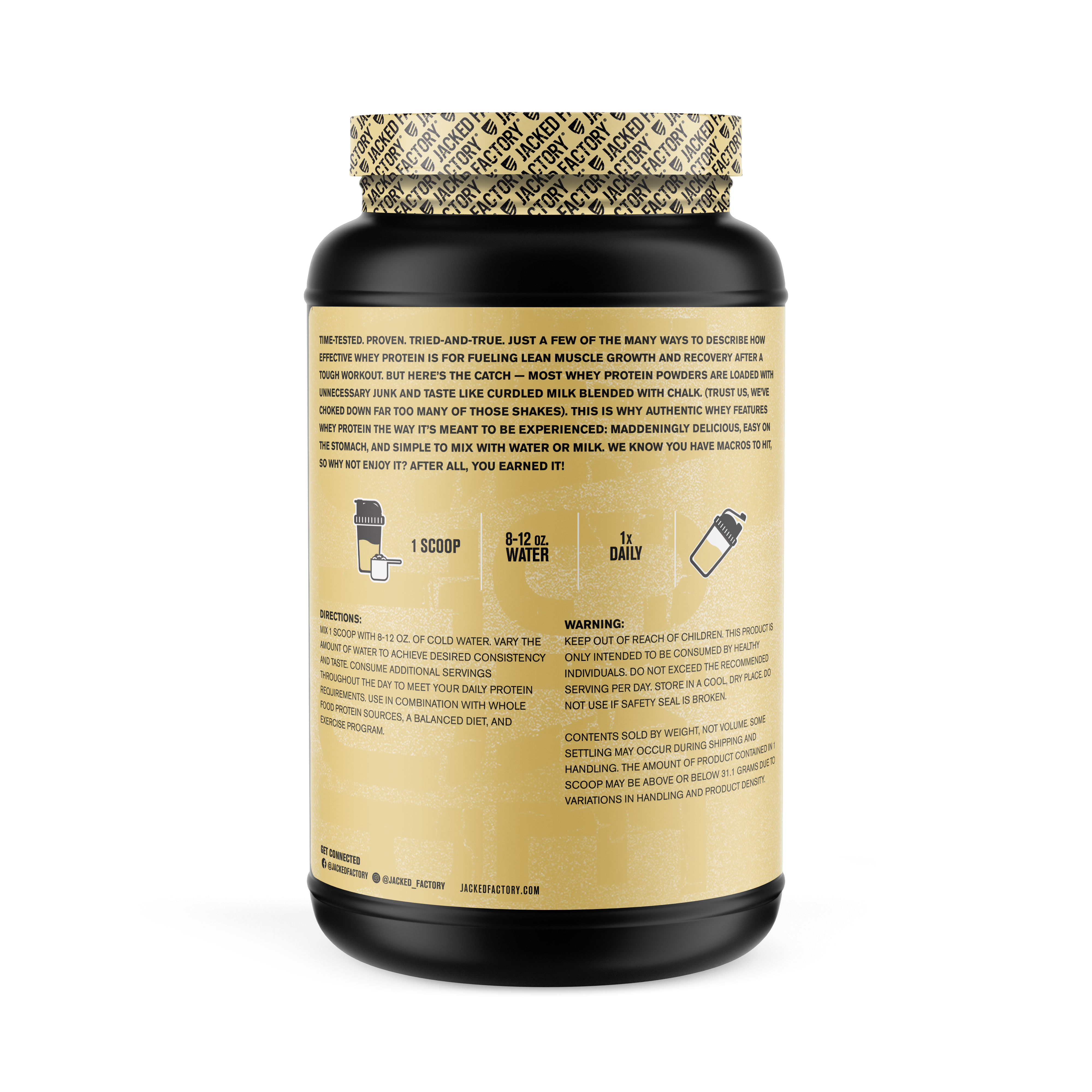 Side of Black bottle with a cream colored label for Vanilla Authentic Whey (30 servings) showing recommeded usage