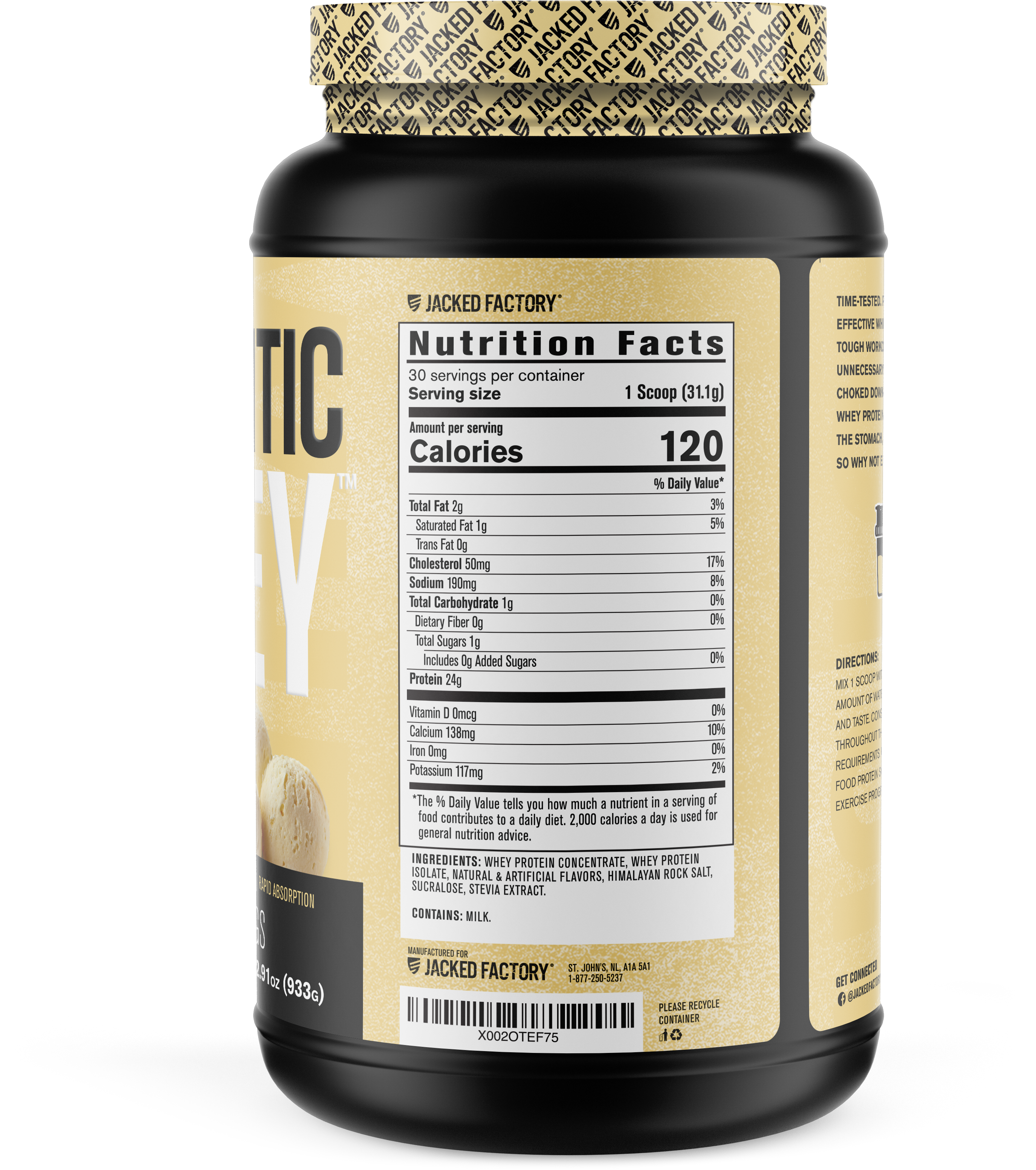 Side of Black bottle with a cream colored label for Vanilla Authentic Whey (30 servings) showing nutritional information