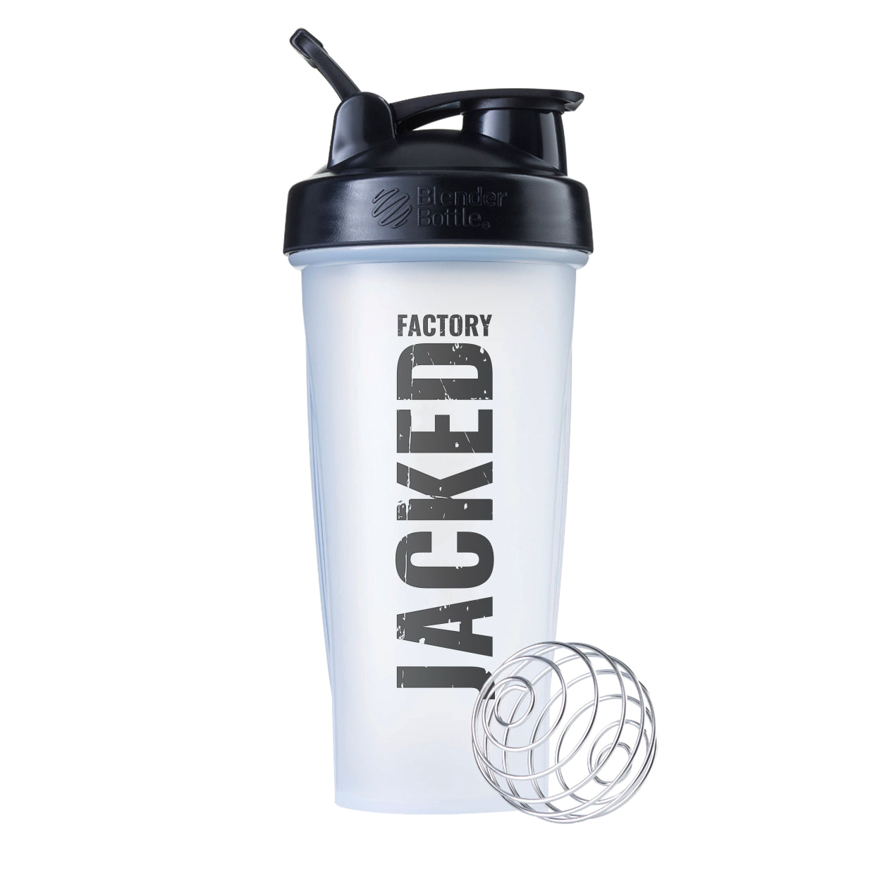 Clear Jacked Factory Blender Bottle with black Jacked Factory logo and black top