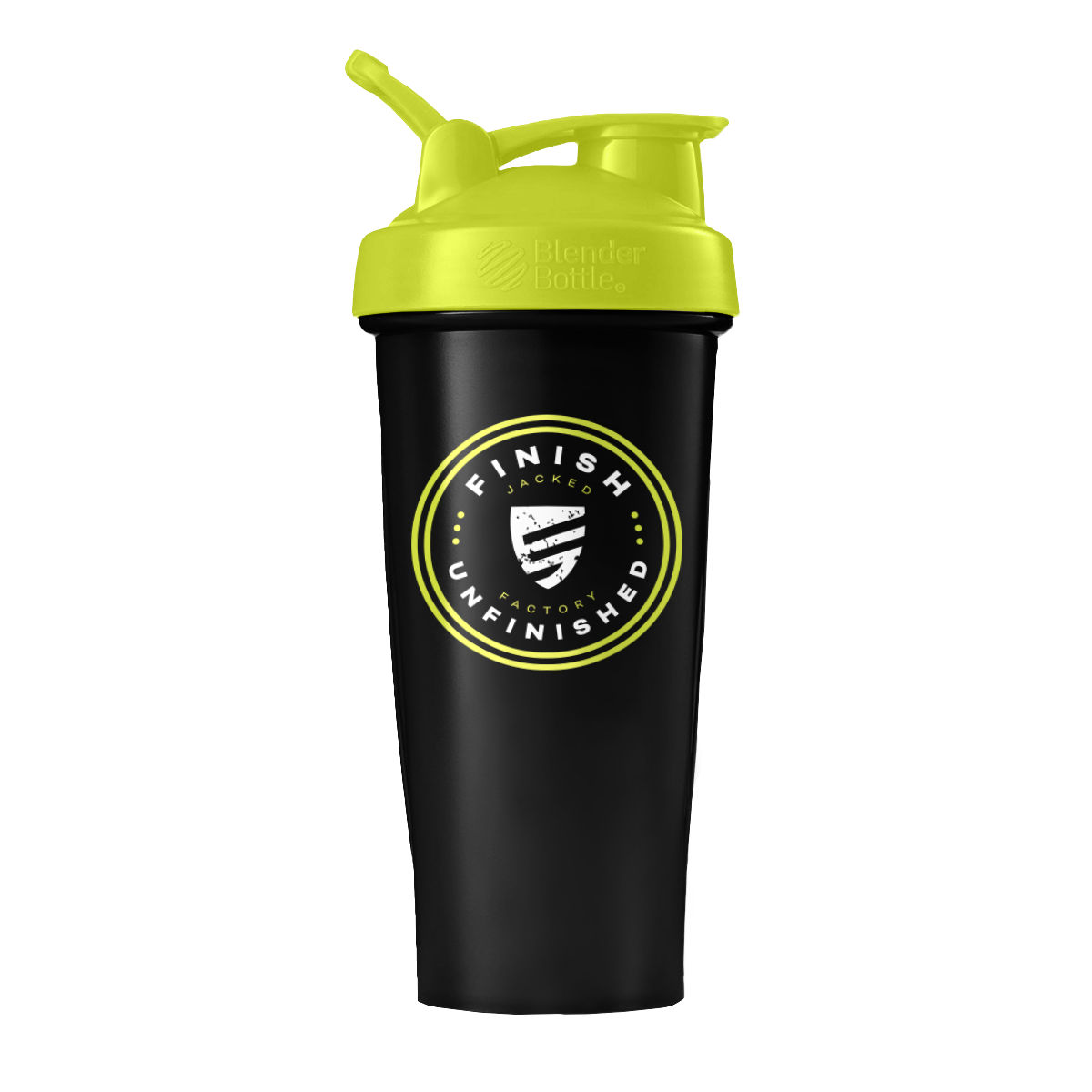 Jacked Factory Black Shaker Bottle with the Jacked Factory Finished Unfinished Logo and a yellow top